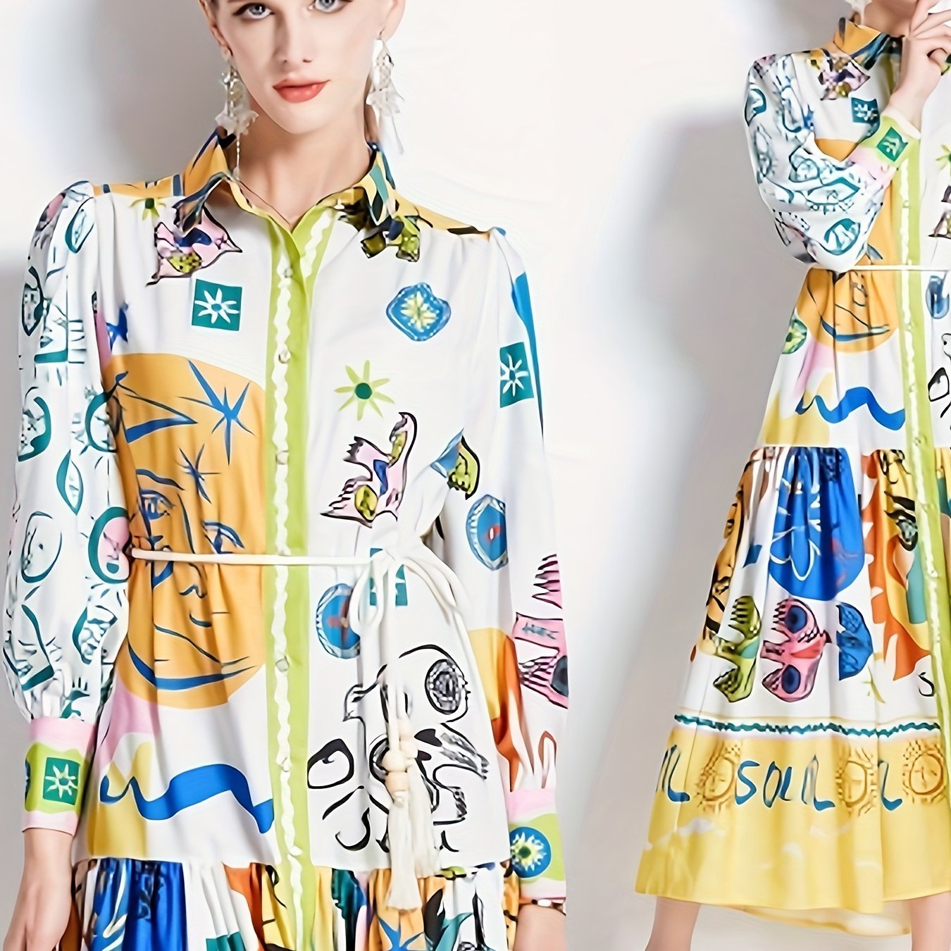 Graphic Print Button Front Dress, Casual Long Sleeve Tie Waist Dress For Spring & Fall, Women's Clothing