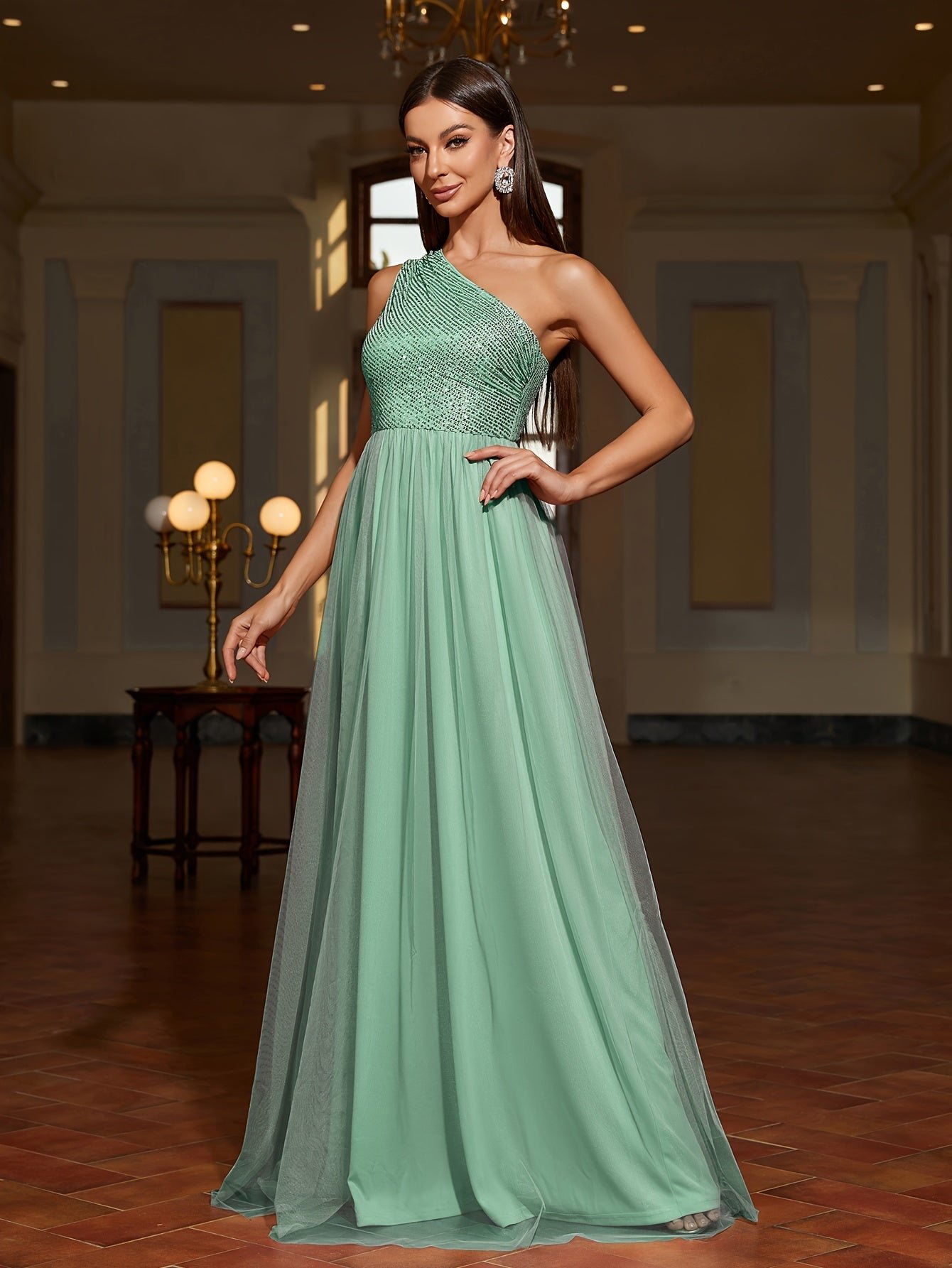 Sequin One Shoulder Contrast Mesh Dress, Elegant Sleeveless Floor Length Formal Dress For Party & Banquet, Women's Clothing For Party Dressing