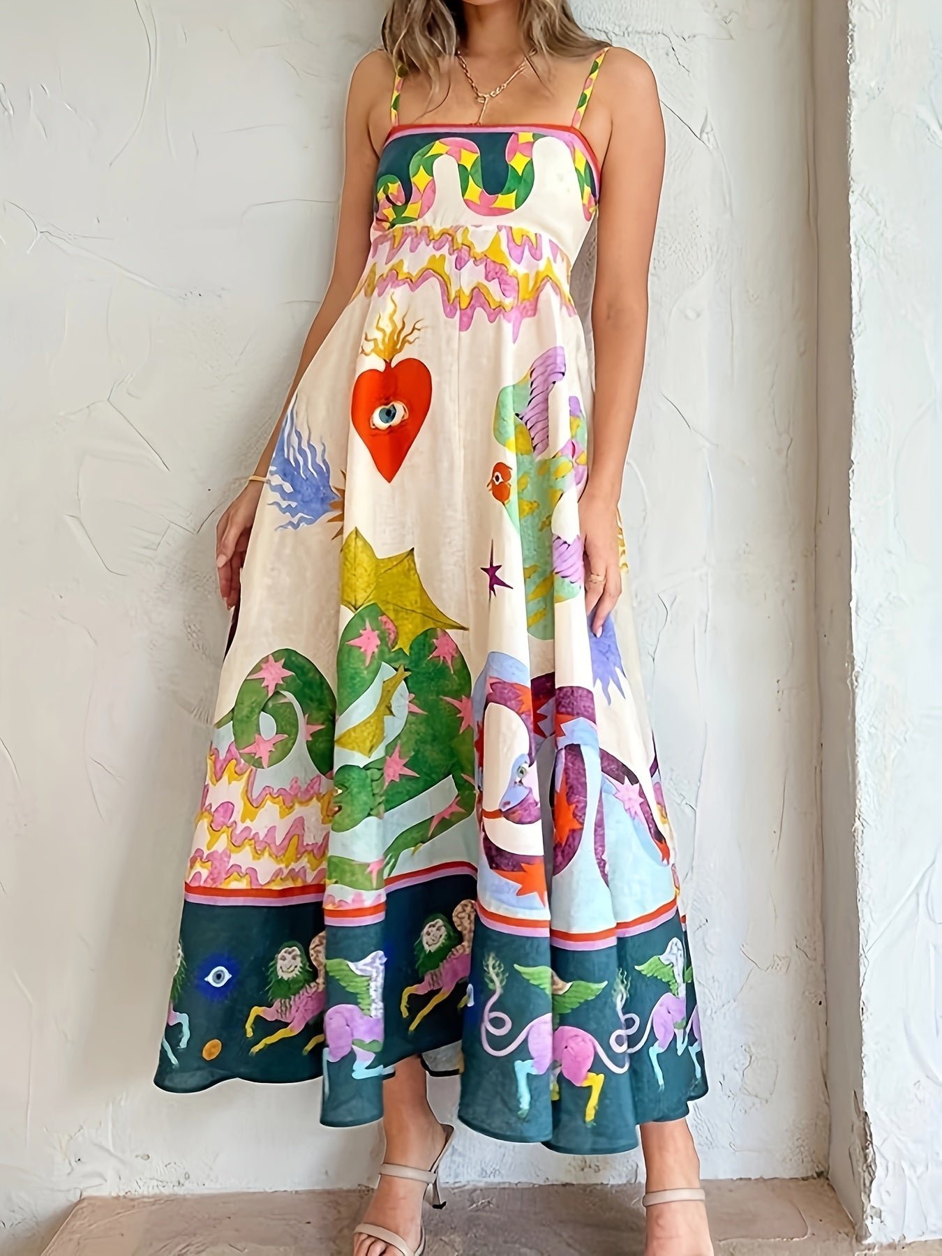 Cartoon Drawstring Print Shirred Cami Dress, Elegant Sleeveless Spaghetti Strap Dress, Women's Clothing