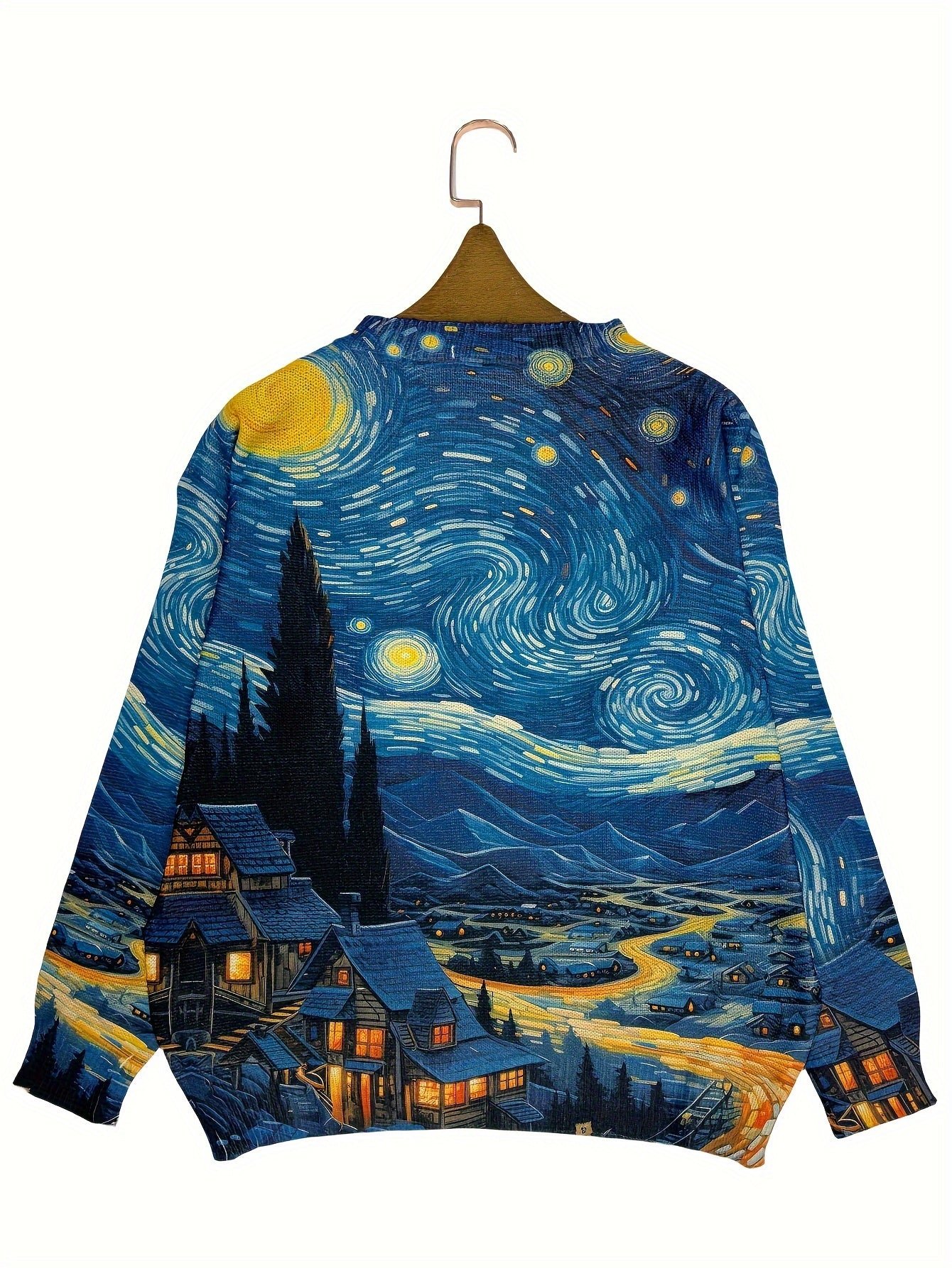 Star Moon Allover Print Knitted Pullover, Casual Long Sleeve Crew Neck Sweater, Women's Clothing