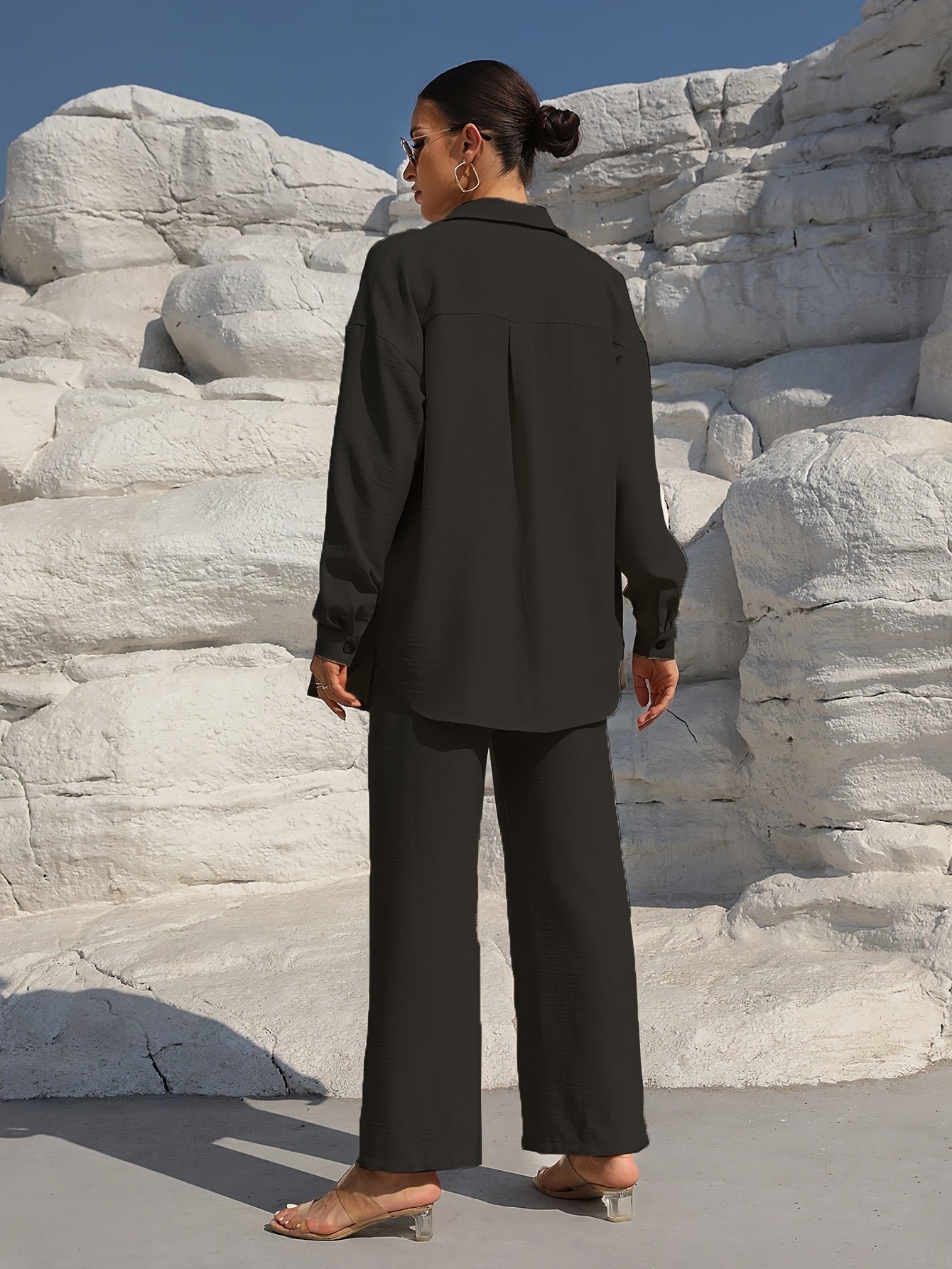 Solid Color Casual Pantsuits, Single-breasted Long Sleeve Collared Blouse & Tie Elastic Waist Pants Outfits, Women's Clothing