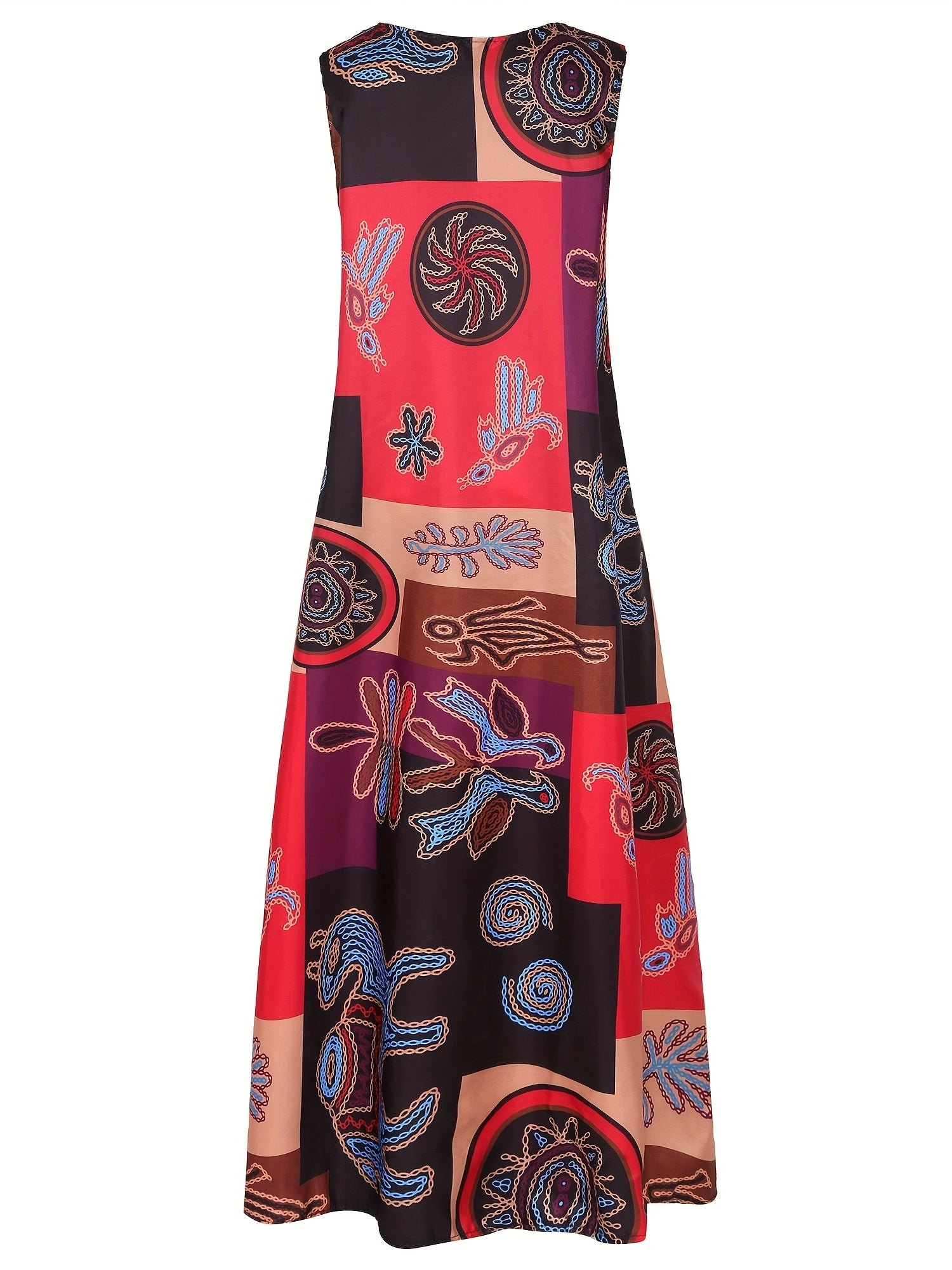 Ethnic Print V Neck Dress, Vintage Sleeveless Summer Maxi Dress With Pockets, Women's Clothing