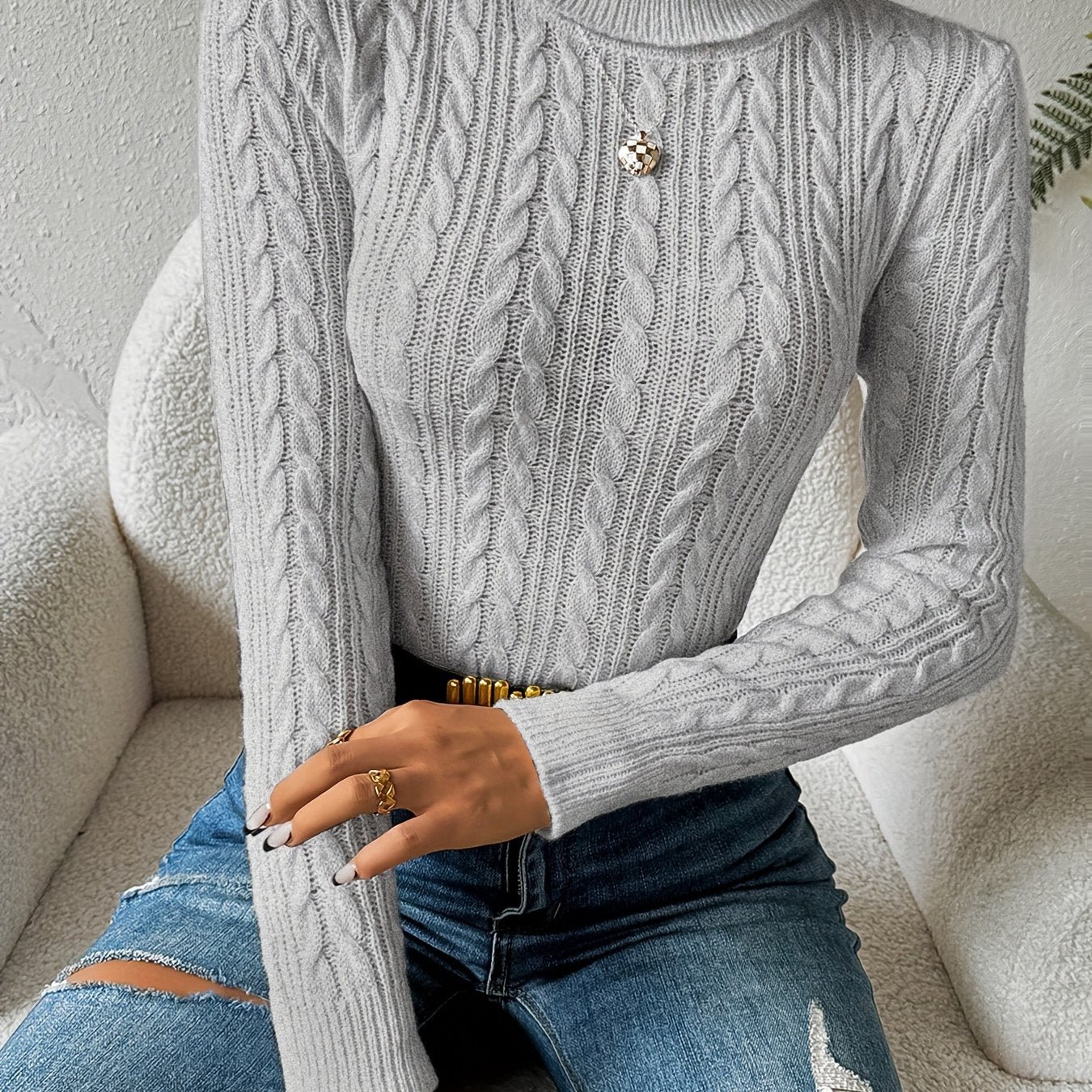 Solid Turtle Neck Cable Knit Sweater, Casual Long Sleeve Slim Sweater, Women's Clothing