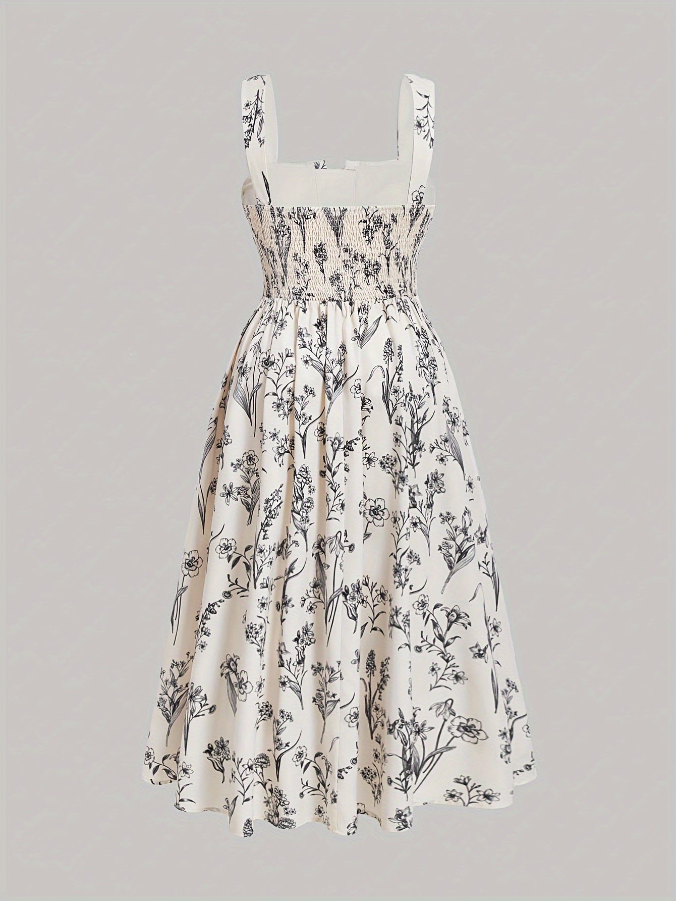 Plus Size Floral Print Cinched Waist Tank Dress, Boho Shirred Back Sleeveless Square Neck Swing Dress For Spring & Summer, Women's Plus Size Clothing