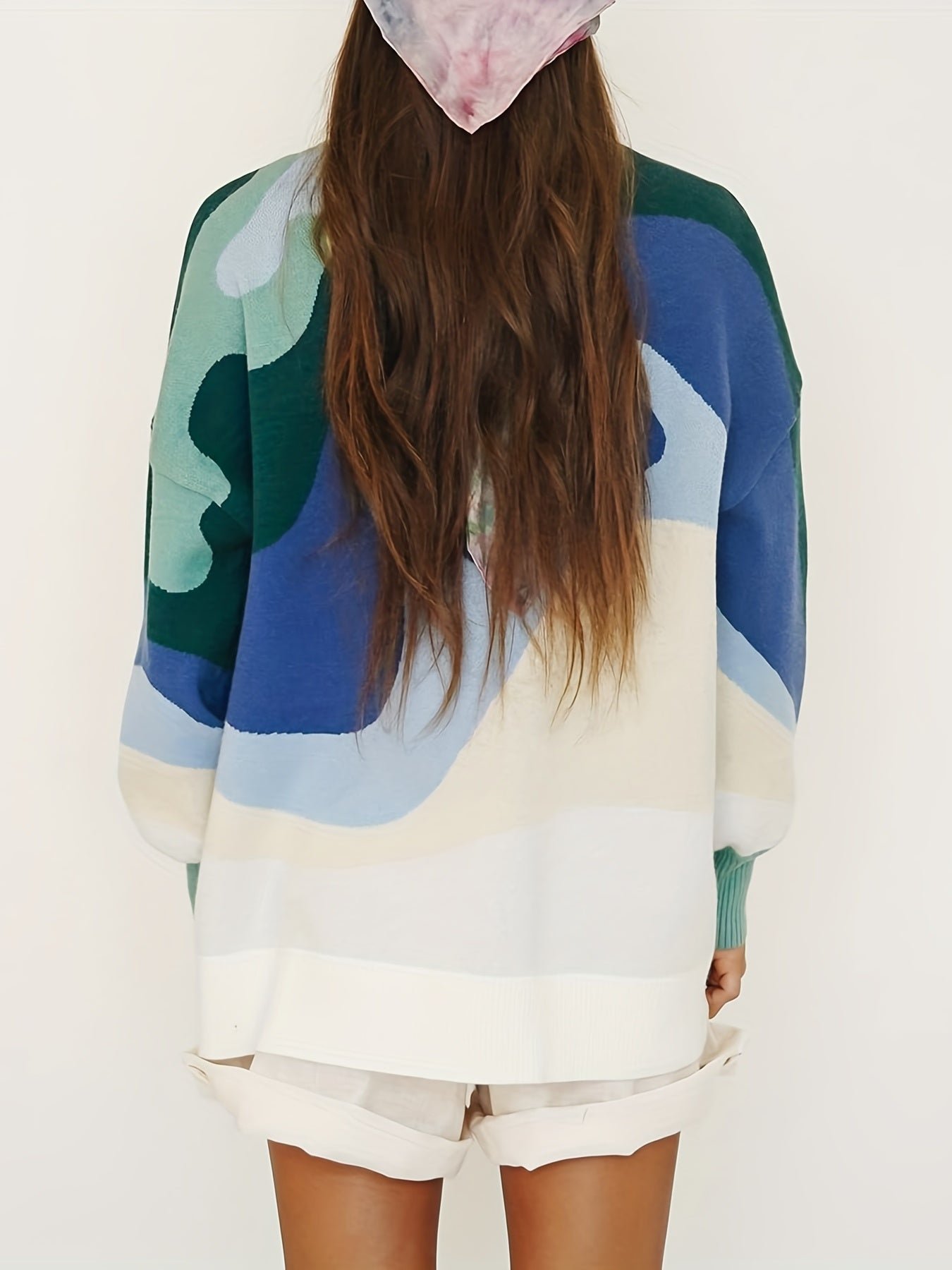 Plus Size Casual Sweater, Women's Plus Abstract Print Long Sleeve Mock Neck Medium Stretch Pullover Jumper