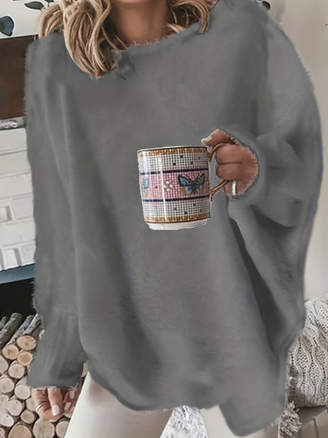 Plus Size Casual Sweater, Women's Plus Solid Fluffy Round Neck Long Sleeve Sweater