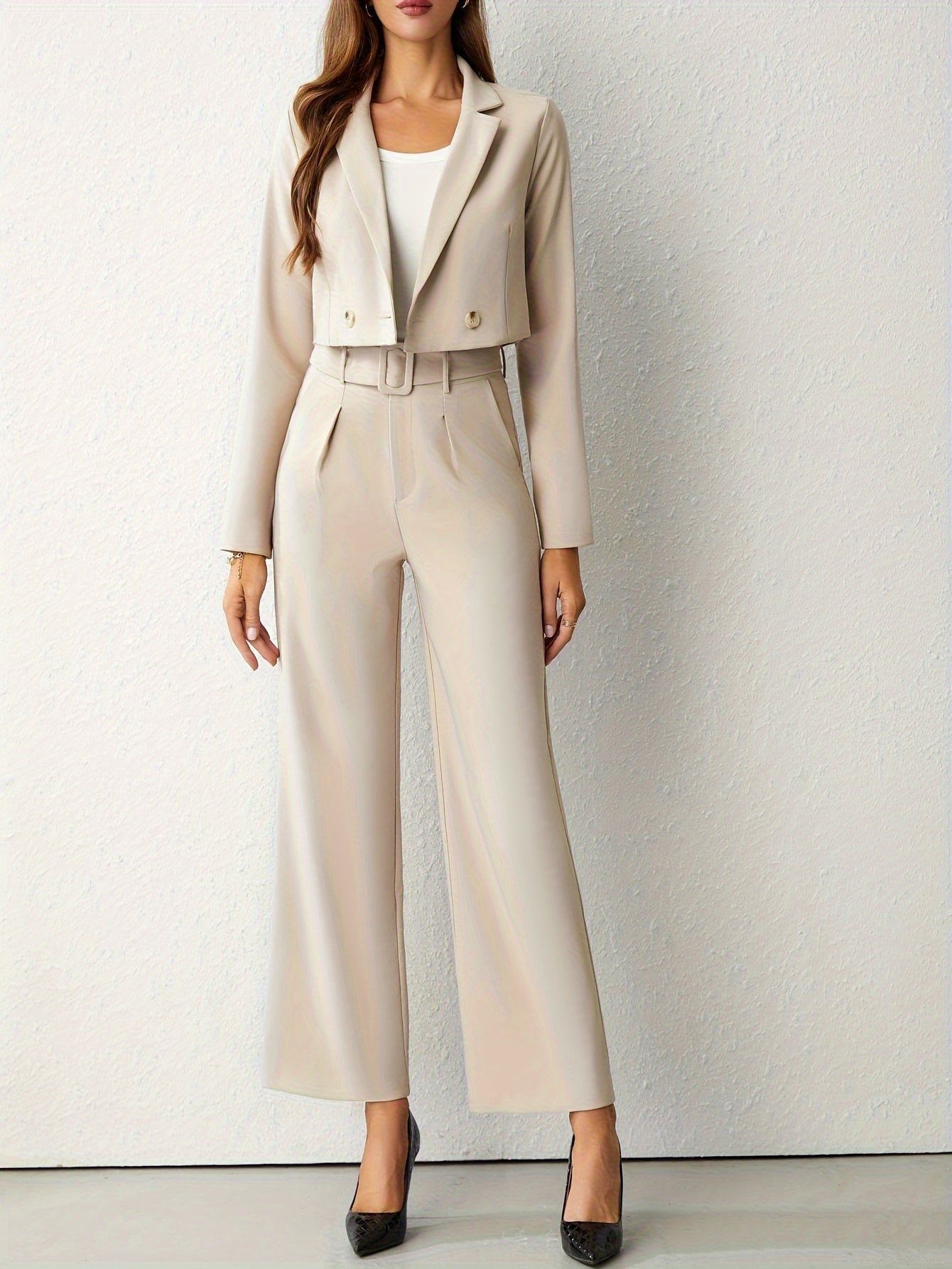Business Casual Two-piece Set, Double-breasted Lapel Long Sleeve Blazer & Belted Wide Leg Pants Outfits, Women's Clothing