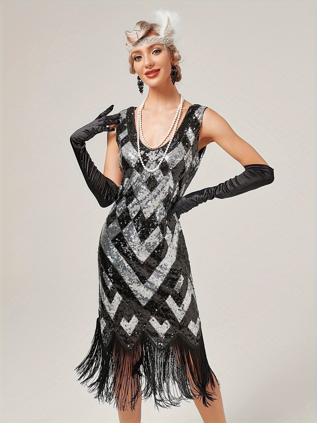 Sequined Tassel Hem Dress, Vintage Plunging Neck Sleeveless Backless Sheath Dress, Women's Clothing