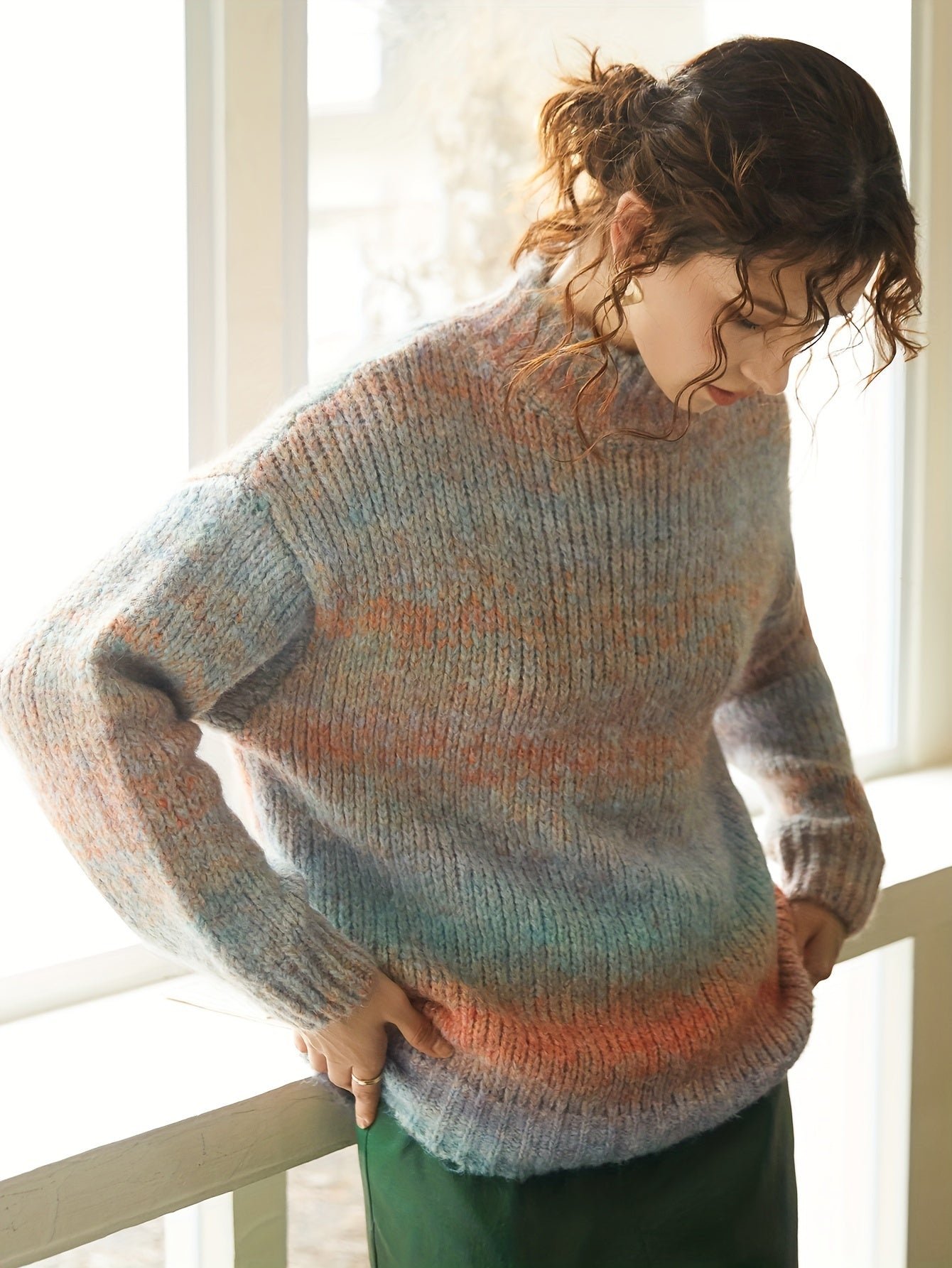 b833f571-2e42-4247-bad3-cf6c7b1c29a0-1 Color Block Drop Shoulder Sweater, Casual Turtle Neck Long Sleeve Sweater For Fall & Winter, Women's Clothing