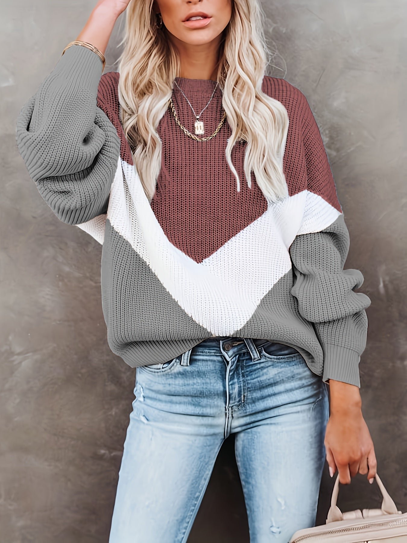 b86919fd8859391e24db7e0a96c479d3-1 Color Block Crew Neck Pullover Sweater, Casual Long Sleeve Sweater For Fall & Winter, Women's Clothing
