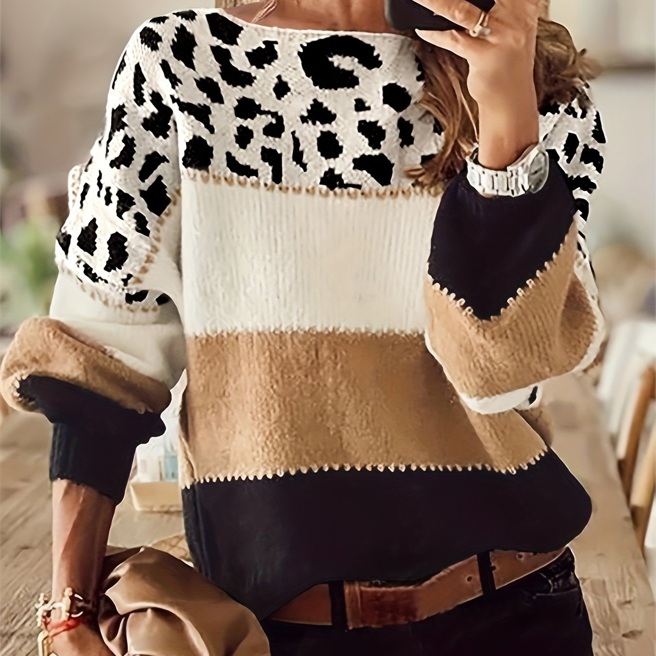 Stylish Color Block Leopard Print Sweater, Crew Neck Long Sleeve Sweater, Casual Tops For Fall & Winter, Women's Clothing