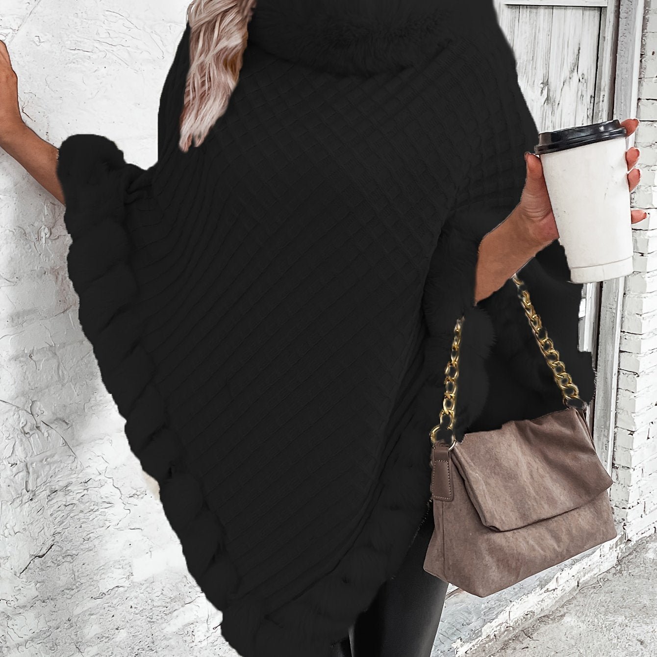 Fur-Trim Hanky Hem Pullover Sweater, Elegant Long Sleeve Turtle Neck Sweater For Winter, Women's Clothing