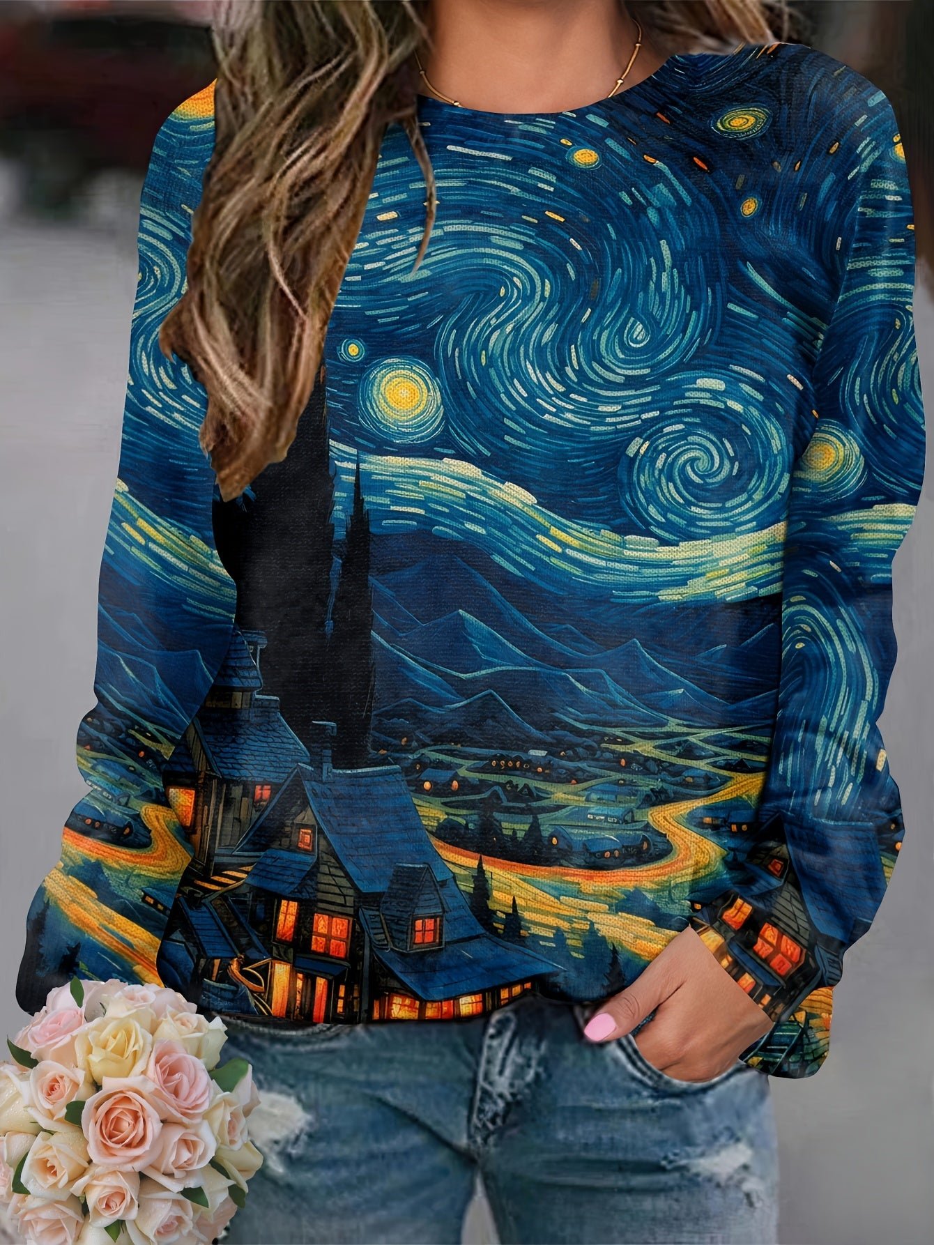 Star Moon Allover Print Knitted Pullover, Casual Long Sleeve Crew Neck Sweater, Women's Clothing