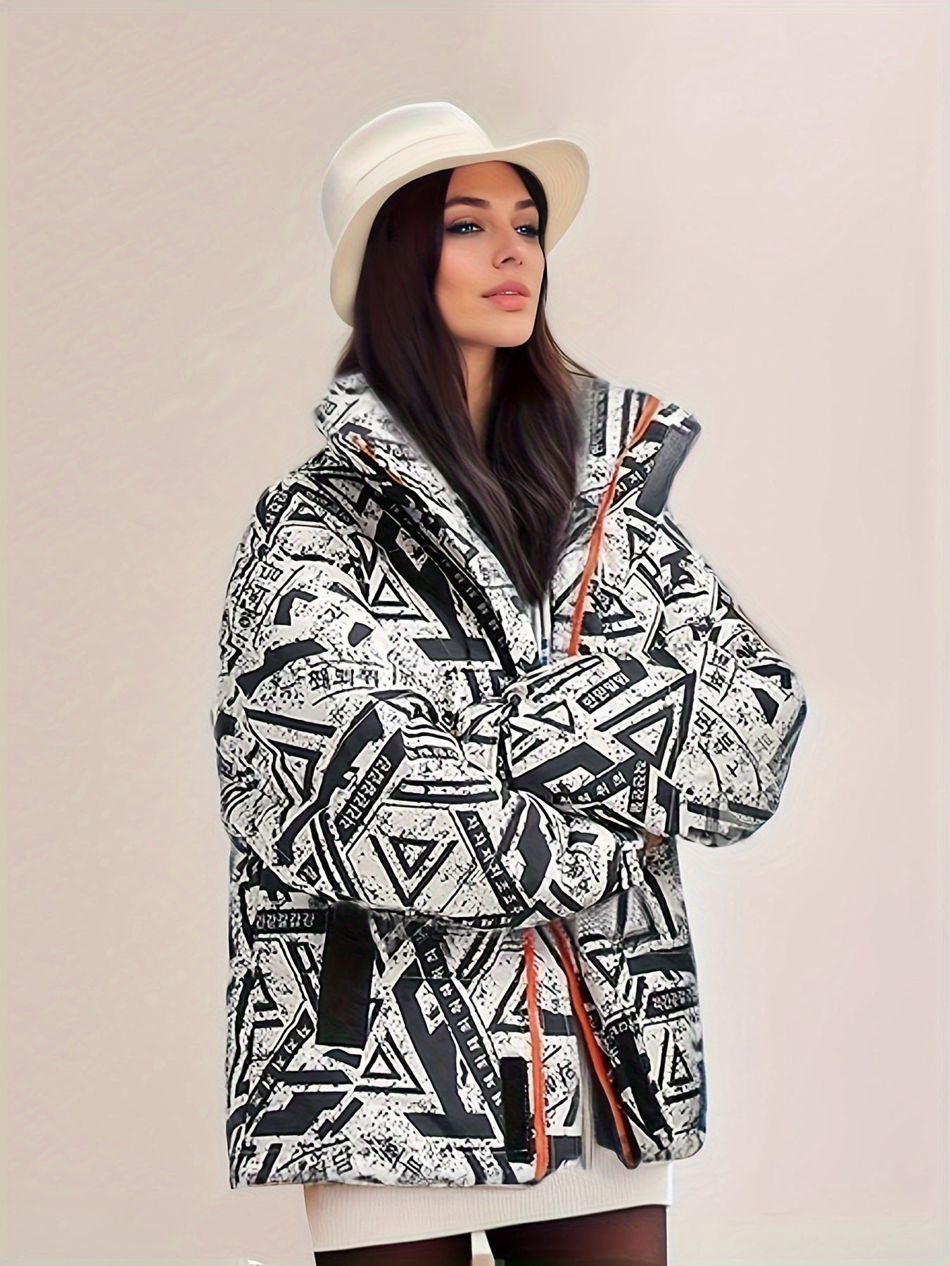 c2dae90685b75f55110a72a85b6dbc00 Geo Print Zip Up Parka, Casual High Neck Long Sleeve Winter Warm Outerwear, Women's Clothing