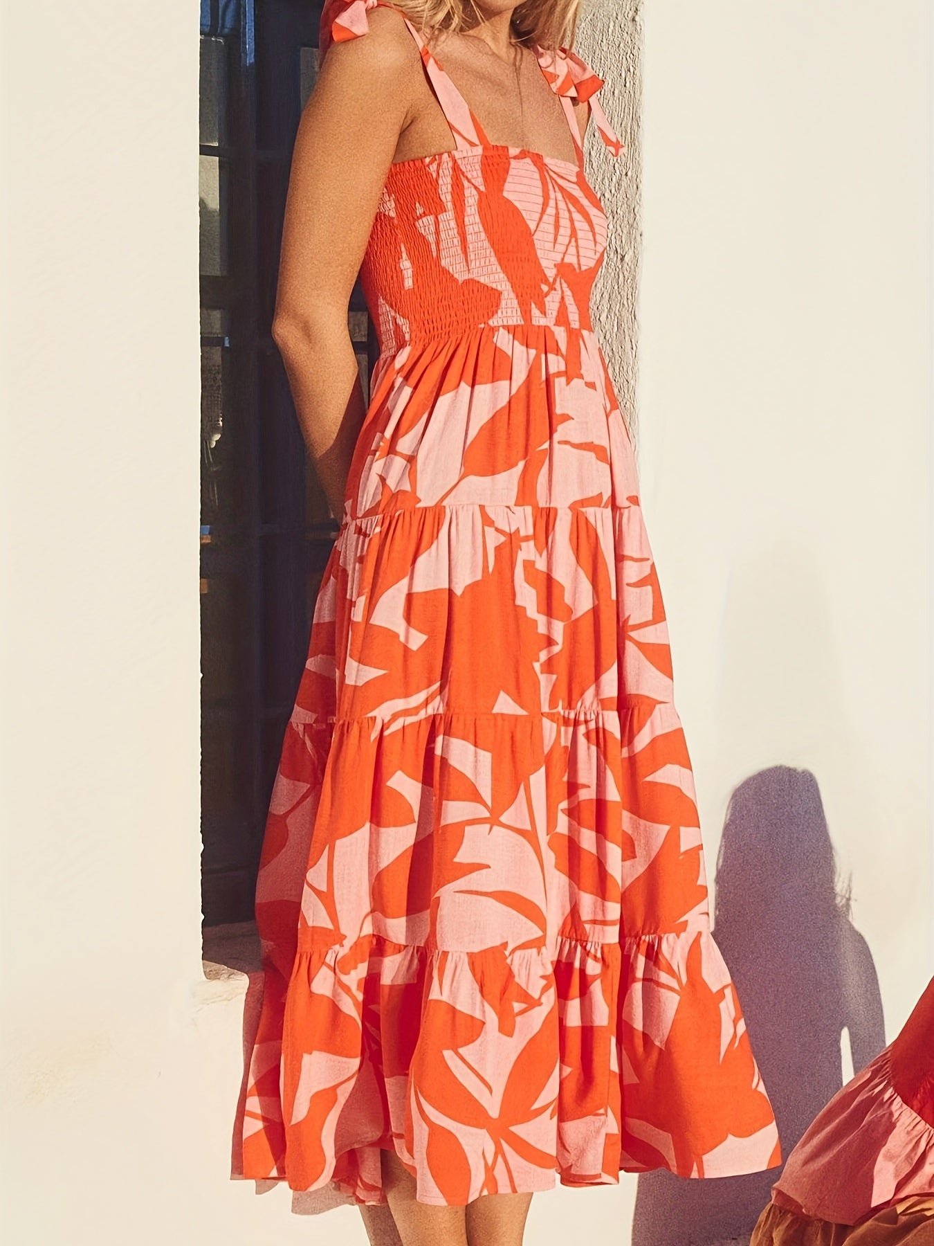 Shirred Tie Shoulder Ruffle Hem Dress, Vacation Sleeveless Cami Dress For Spring & Summer, Women's Clothing