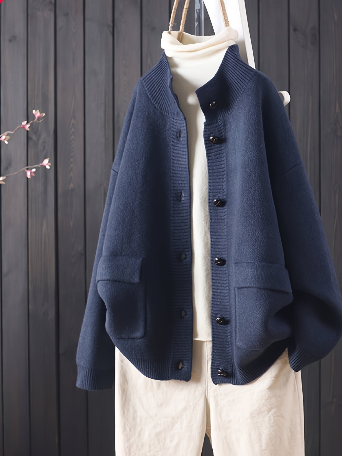 Solid Color Button Front Knitted Cardigan, Casual Long Sleeve Cardigan For Fall & Winter, Women's Clothing