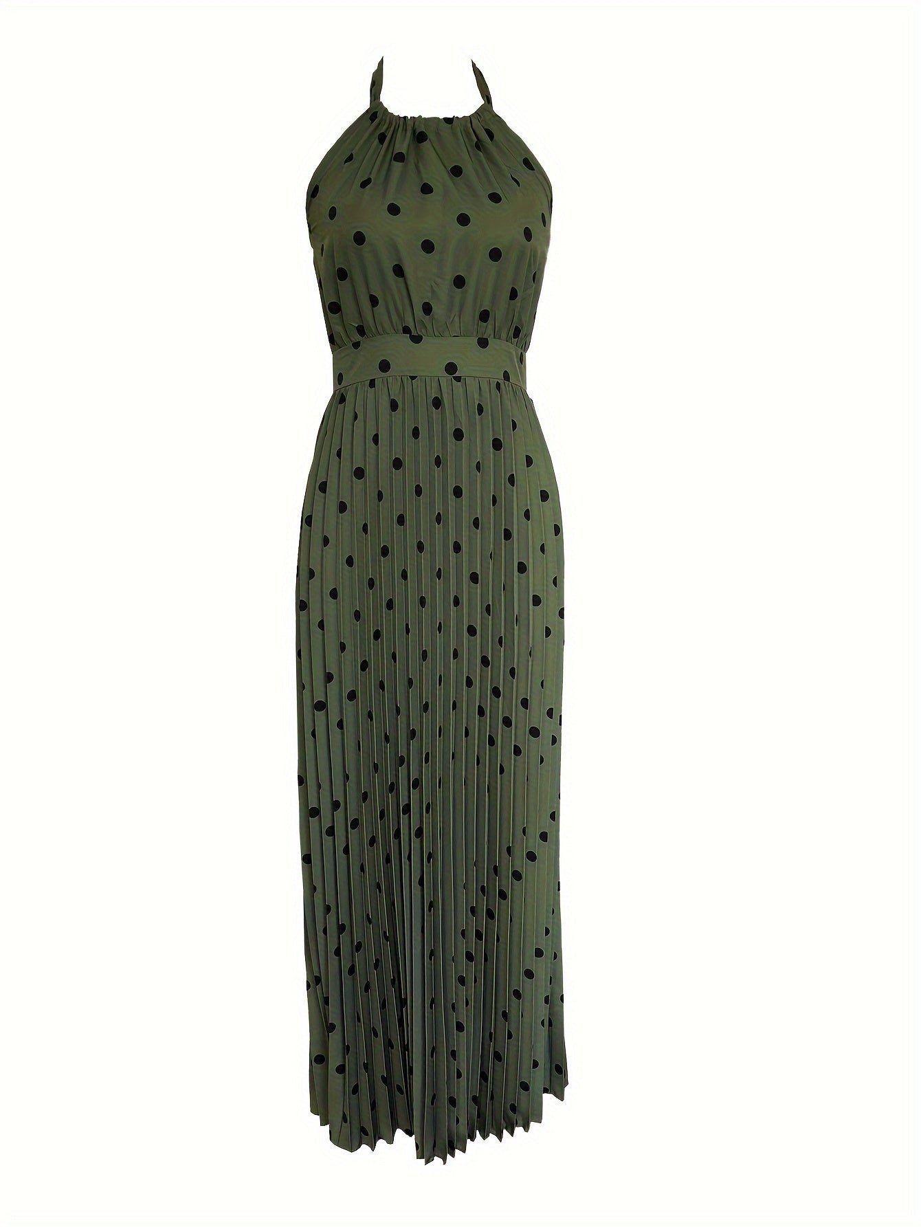 Polka Dot Print Halter Neck Dress, Vacation Style Sleeveless Pleated Maxi Dress For Spring & Summer, Women's Clothing