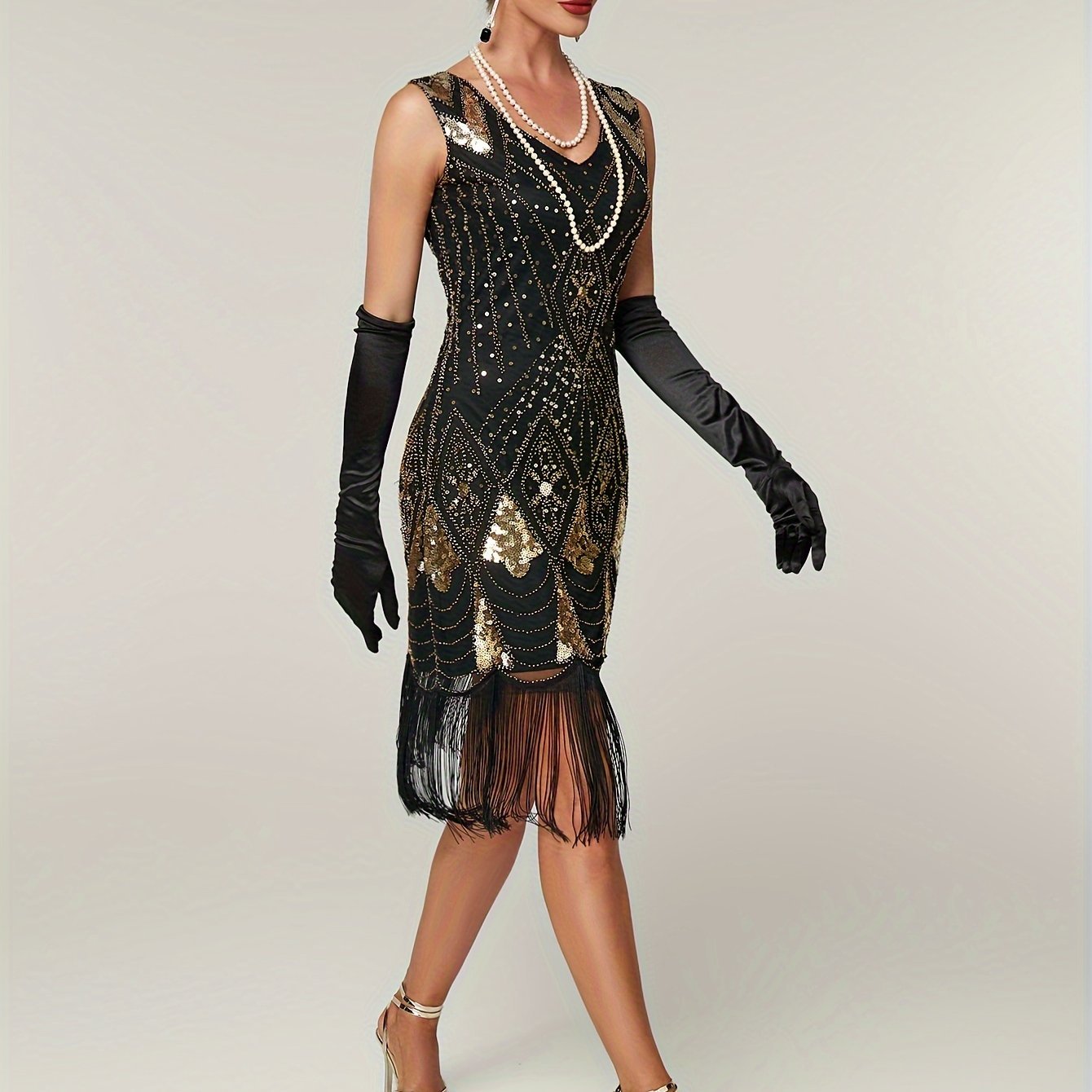 Sparkling Sequin V Neck Dress, Elegant Sleeveless Sheath Fringe Hem Dance Dress For Party & Club, Women's Clothing