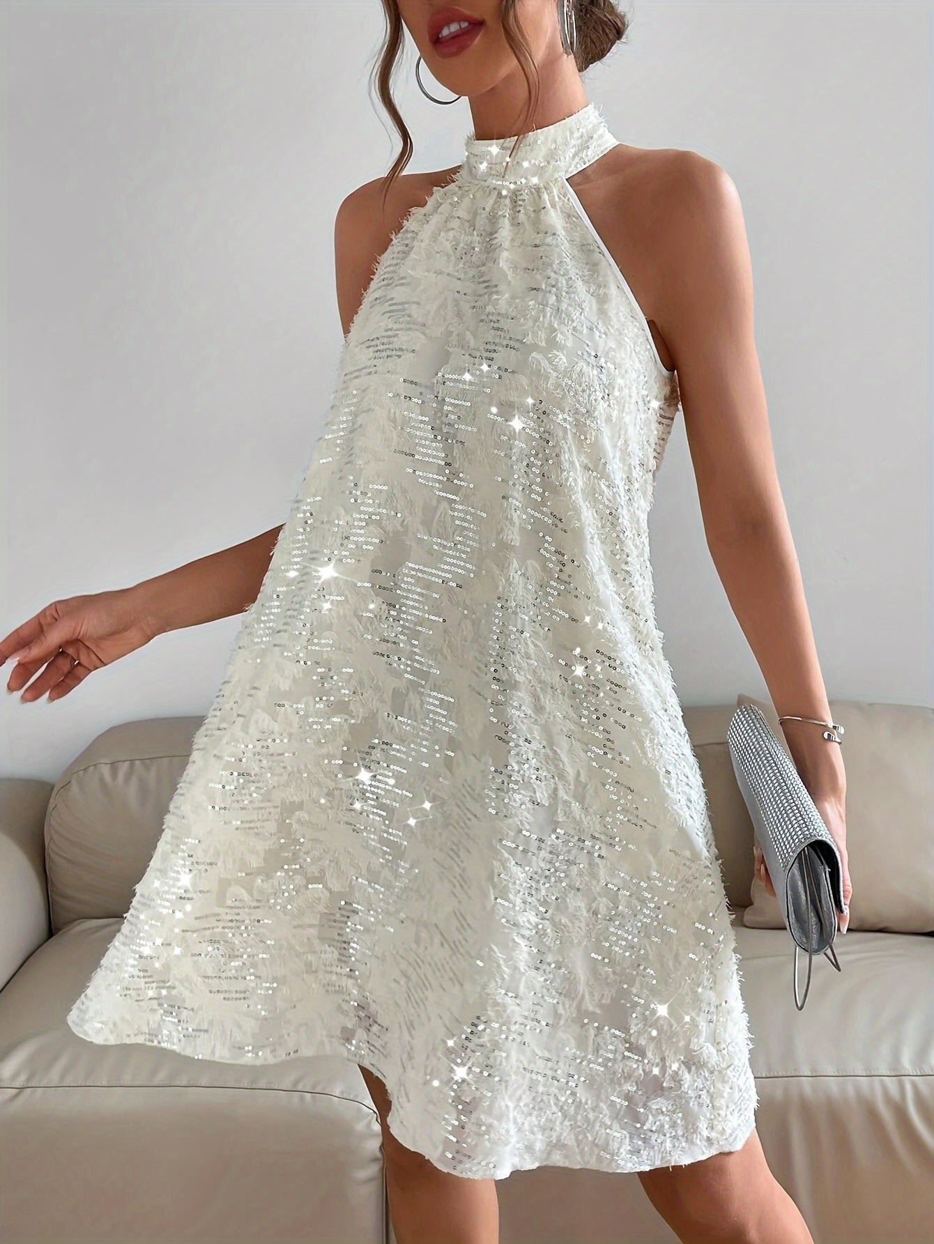 Sequined Raw Trim Halter Neck Dress, Elegant Sleeveless Keyhole Back Dress, Women's Clothing