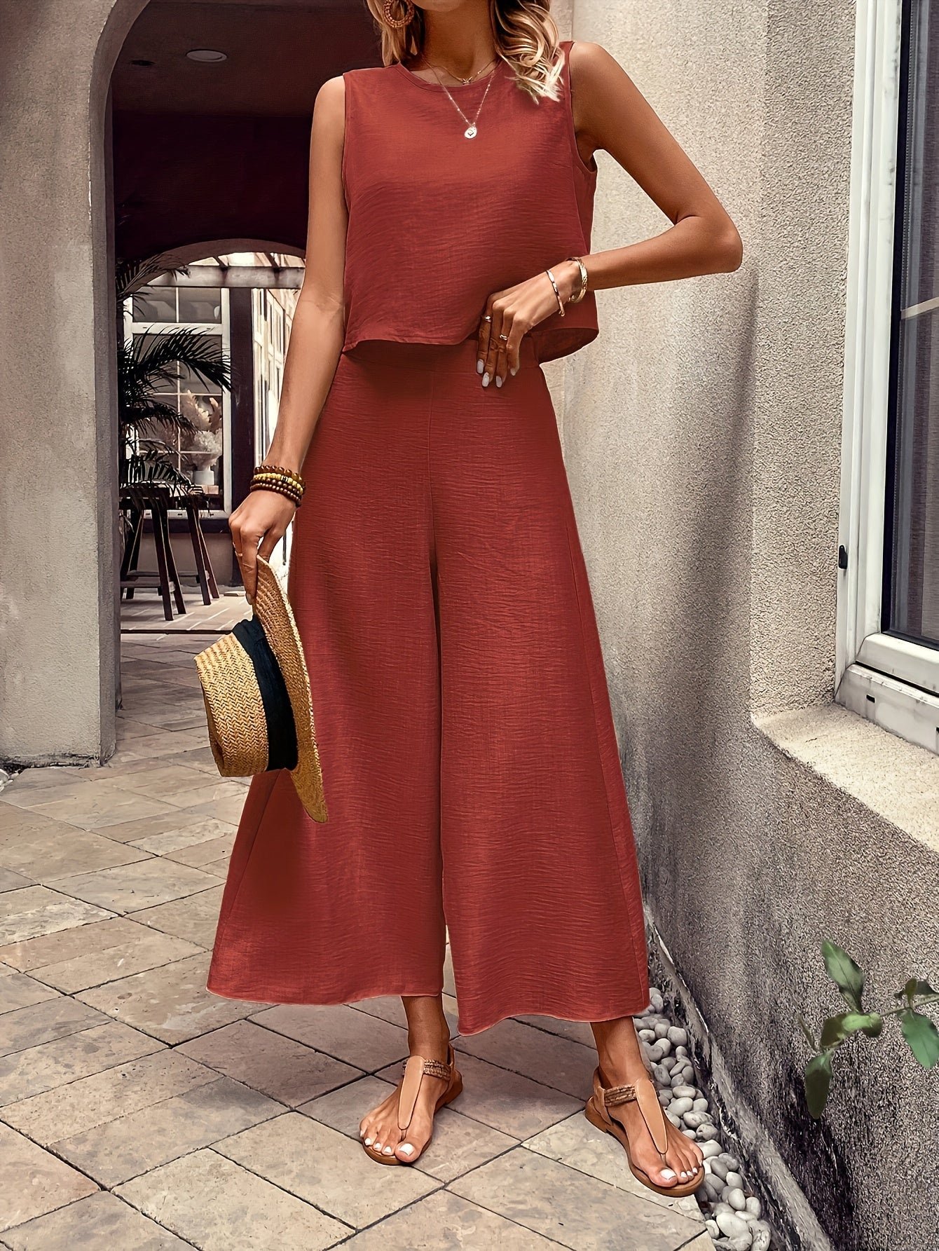 d04fc39b-7390-42fb-ab02-221789967ac6-1 Solid Color Elegant Pantsuits Set, Crew Neck Tak Top & Wide Leg Pants Outits, Women's Clothing