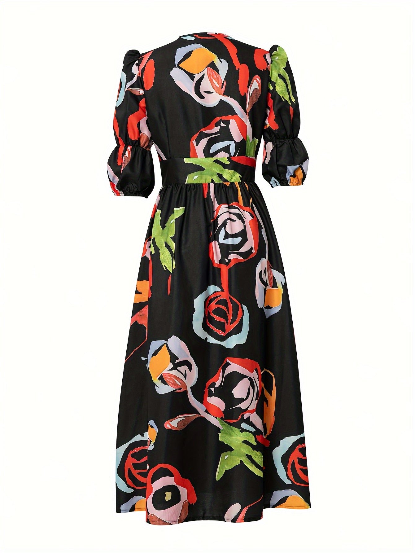 Allover Print V-neck Dress, Elegant Short Sleeve A-line Dress For Spring & Summer, Women's Clothing