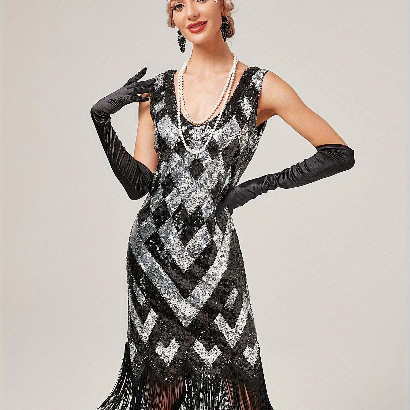 Sequined Tassel Hem Dress, Vintage Plunging Neck Sleeveless Backless Sheath Dress, Women's Clothing