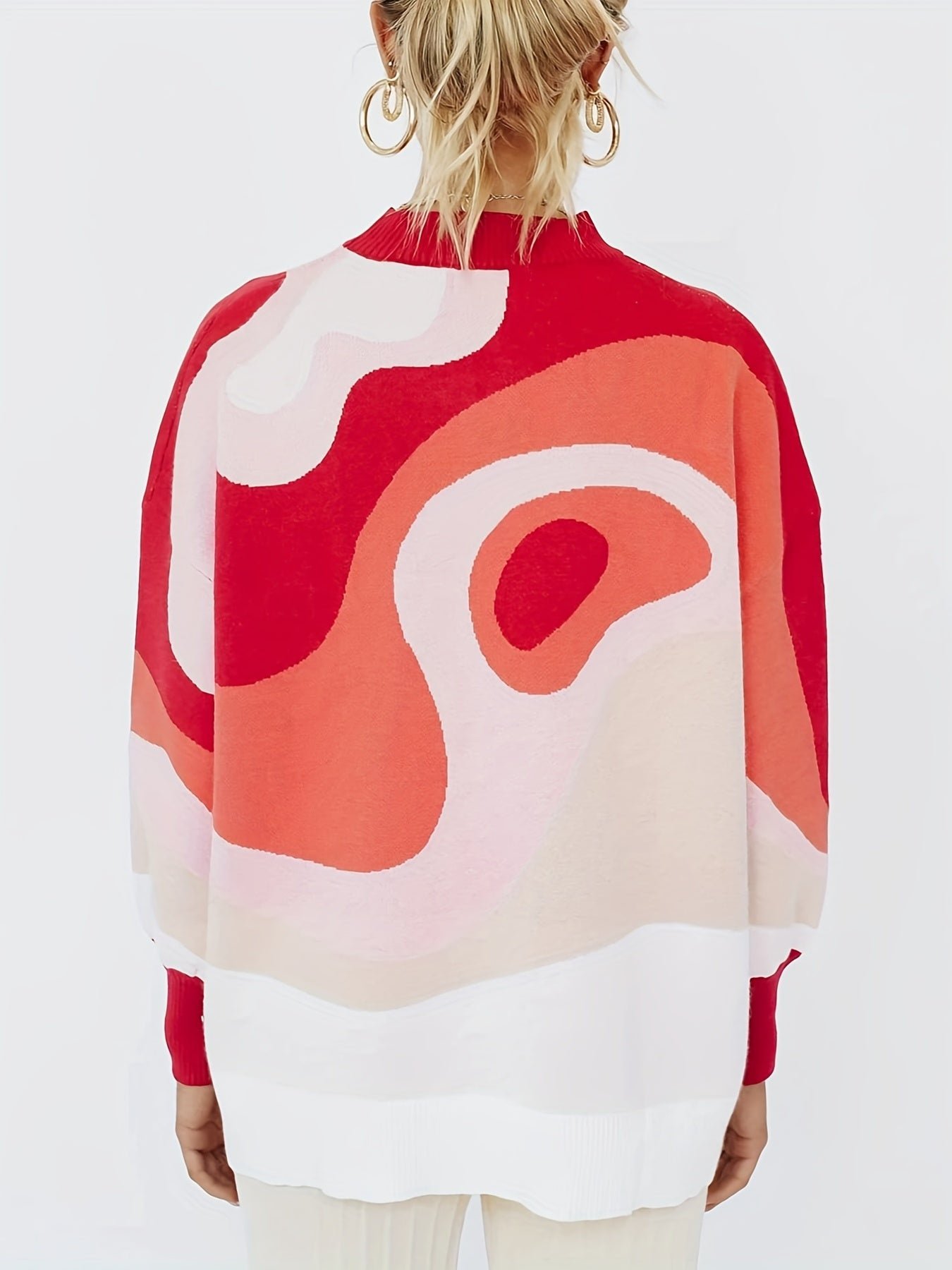 Plus Size Casual Sweater, Women's Plus Abstract Print Long Sleeve Mock Neck Medium Stretch Pullover Jumper