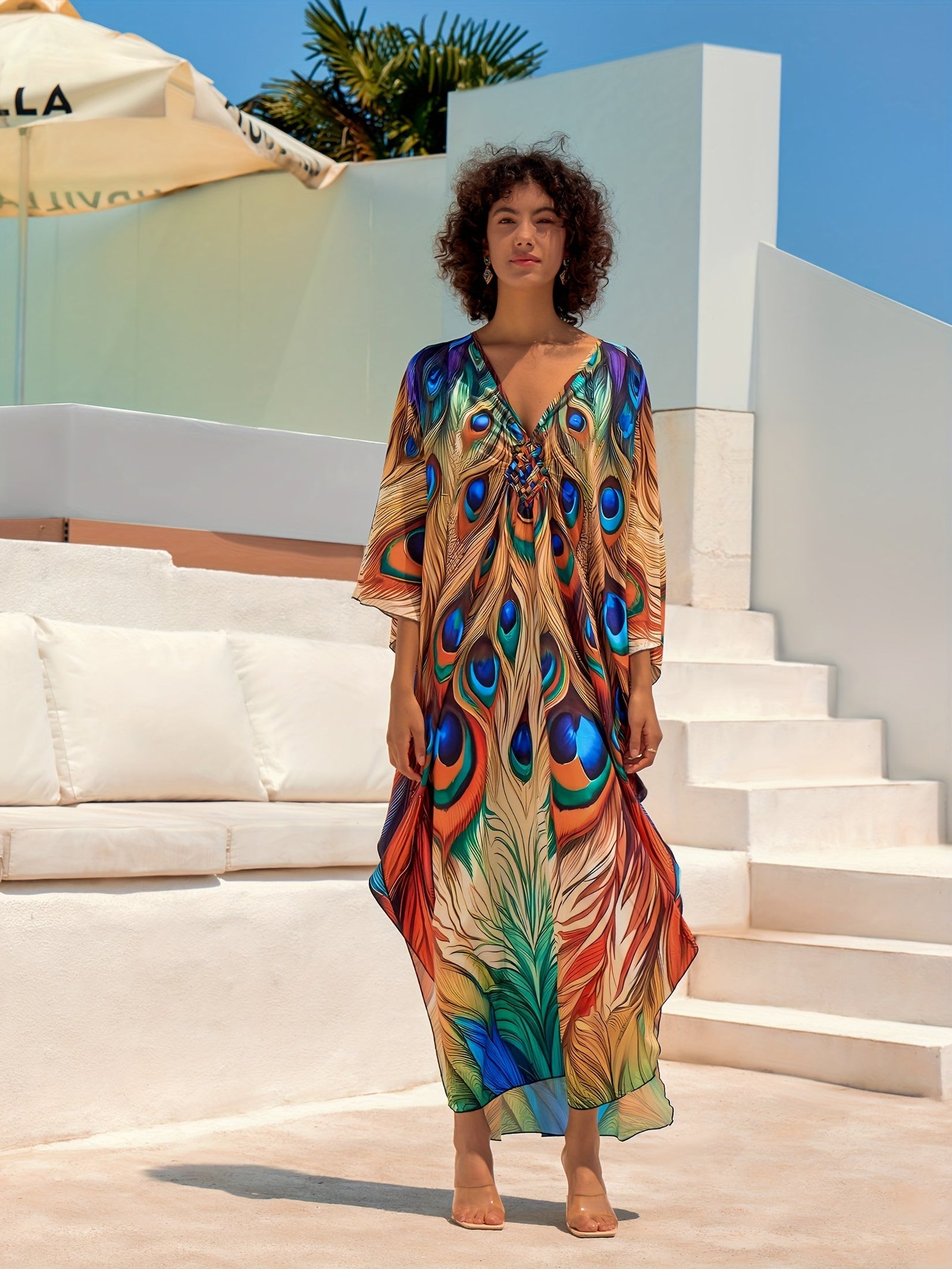 Plus Size Colorful Butterfly Print Slit Dress, Casual Batwing Sleeve Dress For Spring & Summer, Women's Plus Size Clothing