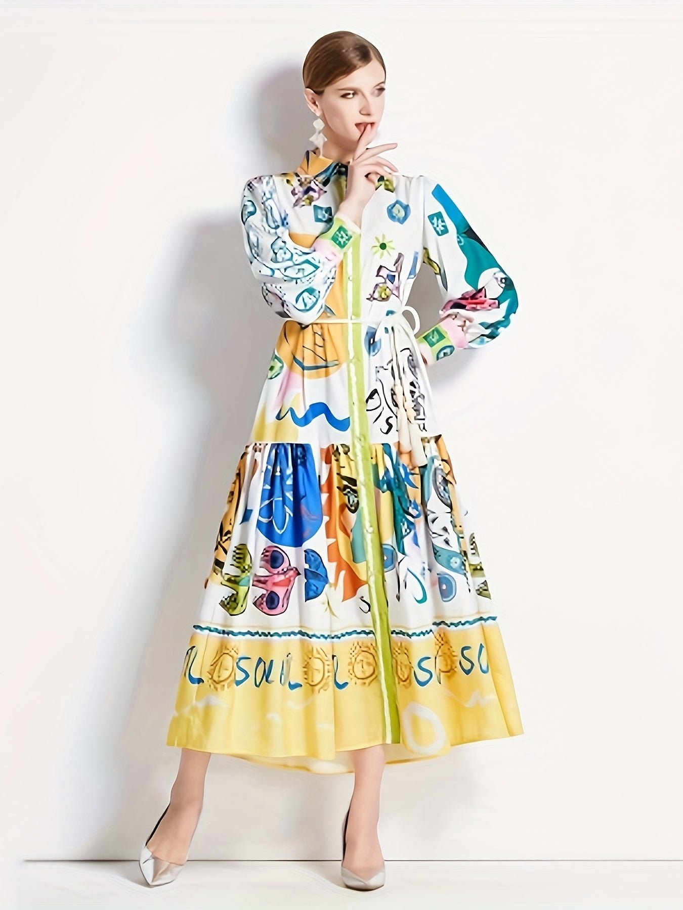 Graphic Print Button Front Dress, Casual Long Sleeve Tie Waist Dress For Spring & Fall, Women's Clothing