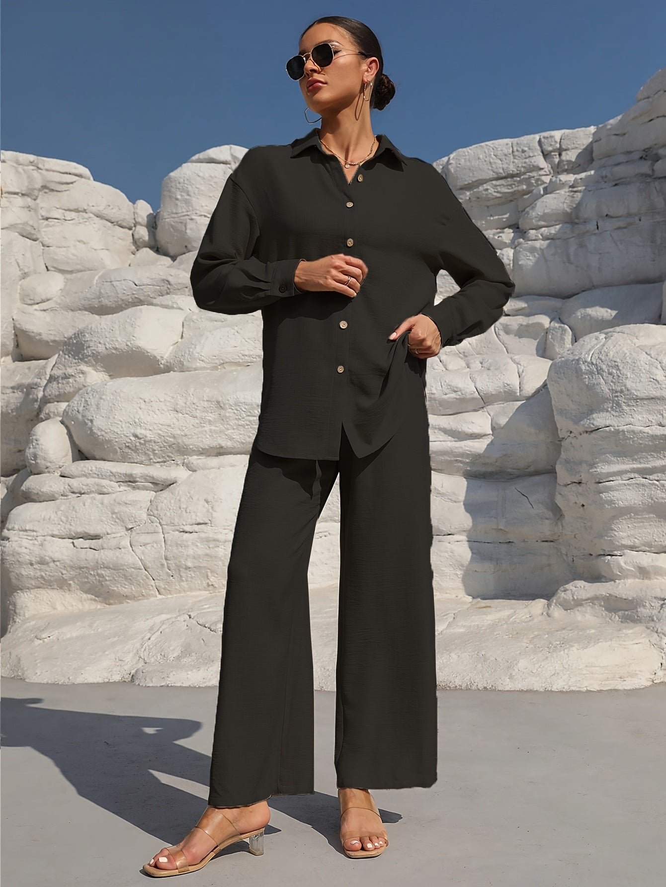 Solid Color Casual Pantsuits, Single-breasted Long Sleeve Collared Blouse & Tie Elastic Waist Pants Outfits, Women's Clothing