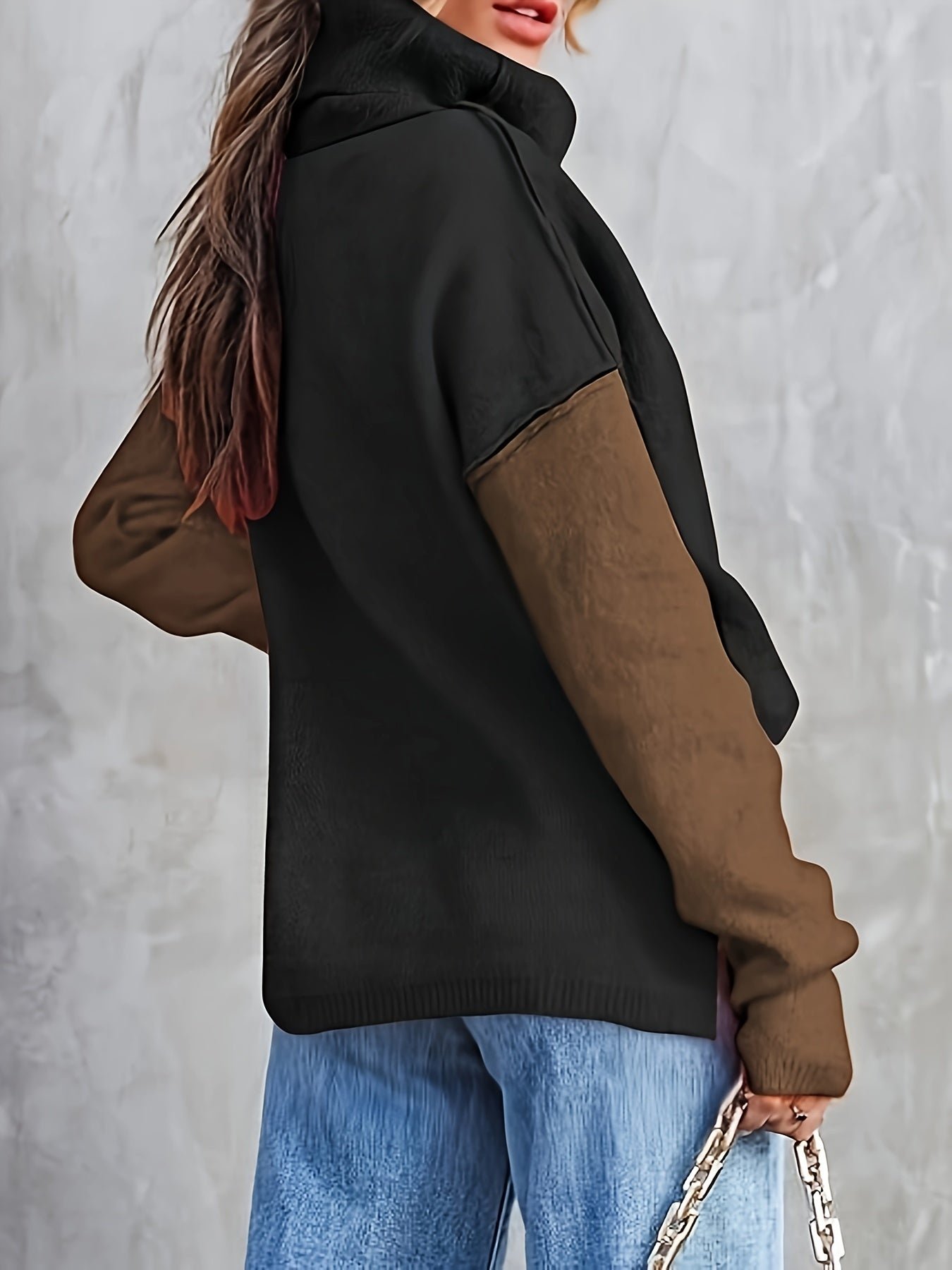 Color Block Turtle Neck Pullover Sweater, Casual Long Sleeve Split Side Sweater For Fall & Winter, Women's Clothing