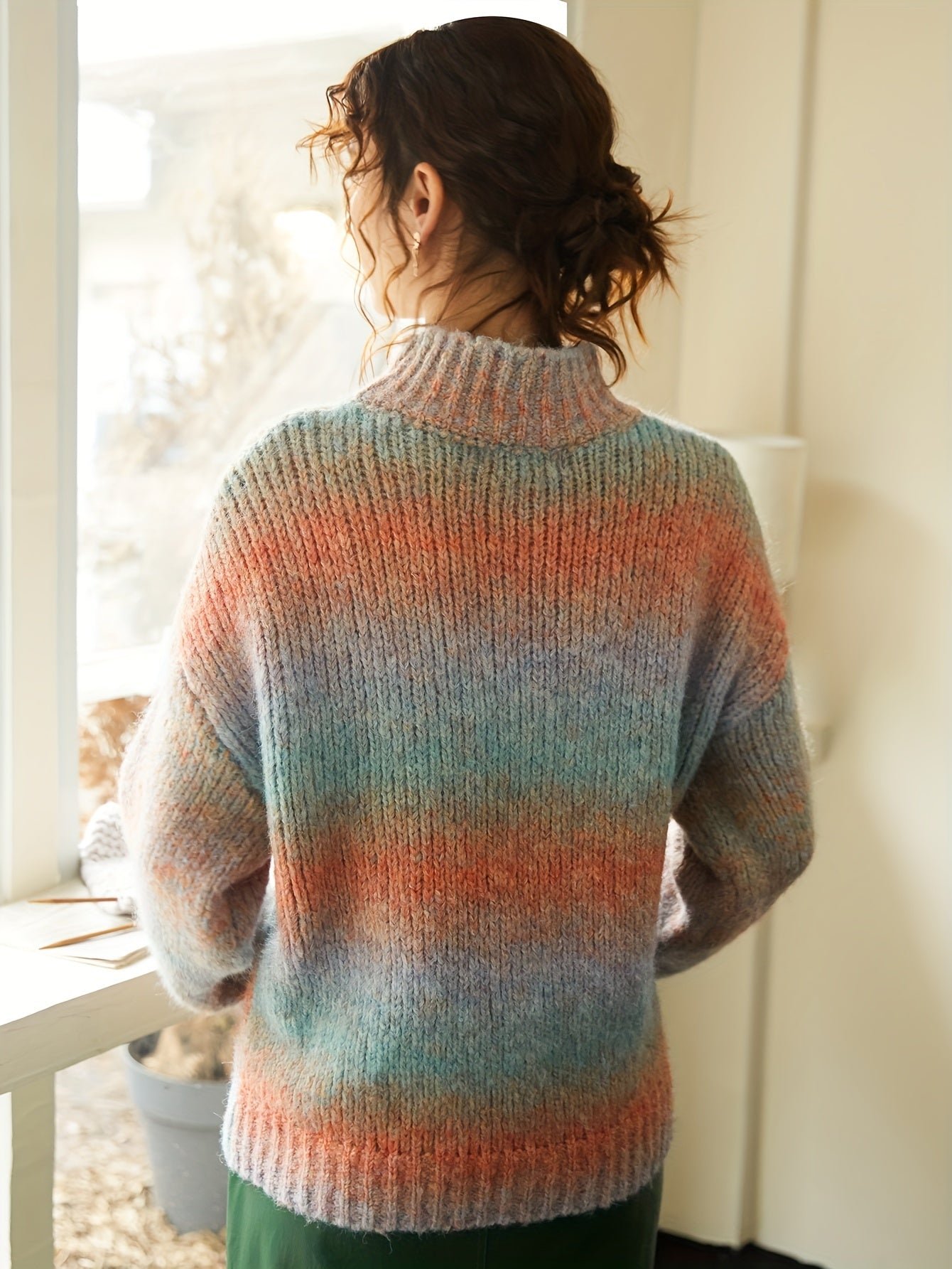 Color Block Drop Shoulder Sweater, Casual Turtle Neck Long Sleeve Sweater For Fall & Winter, Women's Clothing