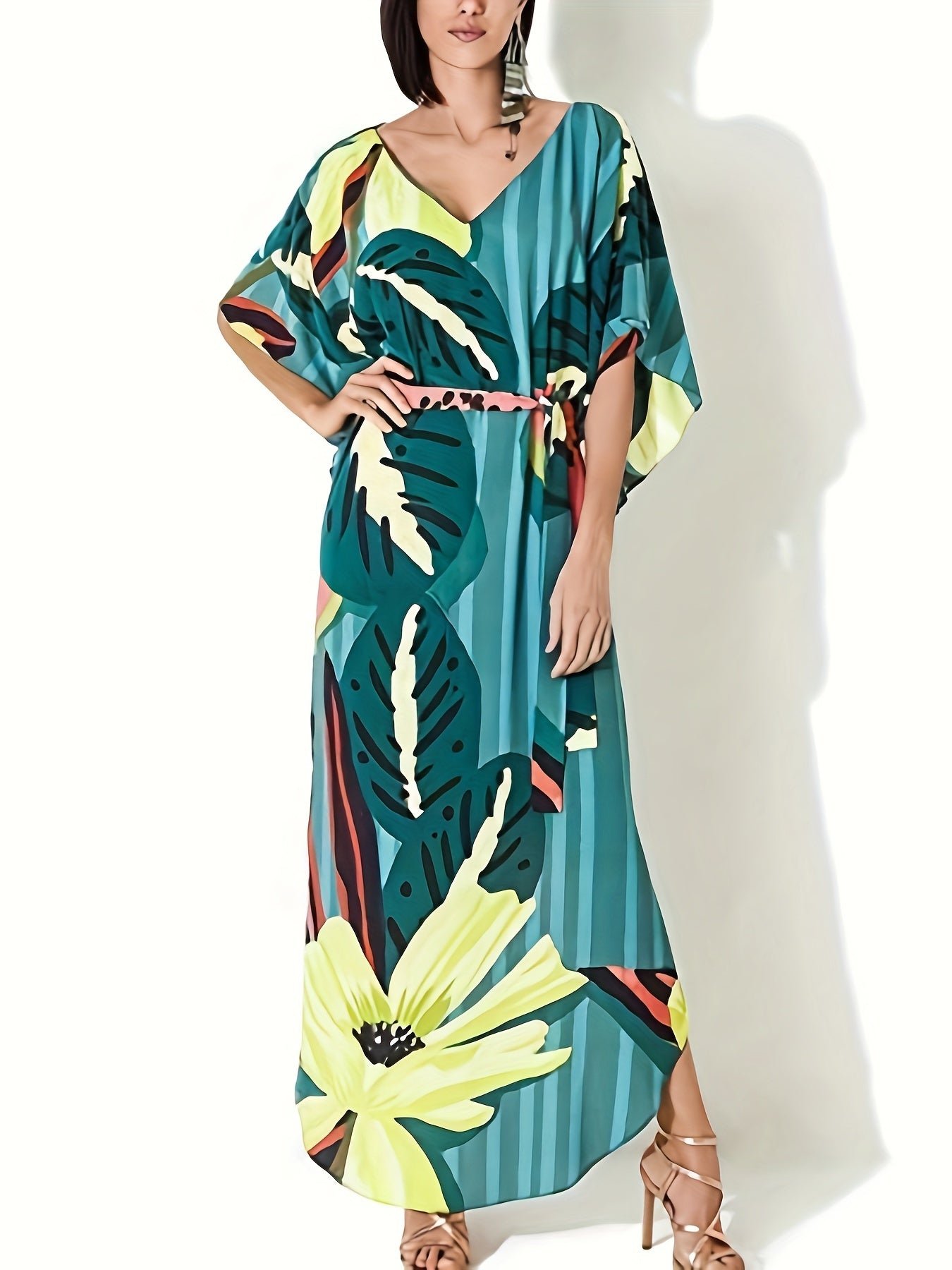 Floral Print V Neck Maxi Dress, Vacation Batwing Sleeve Belted Beach Dress, Women's Clothing