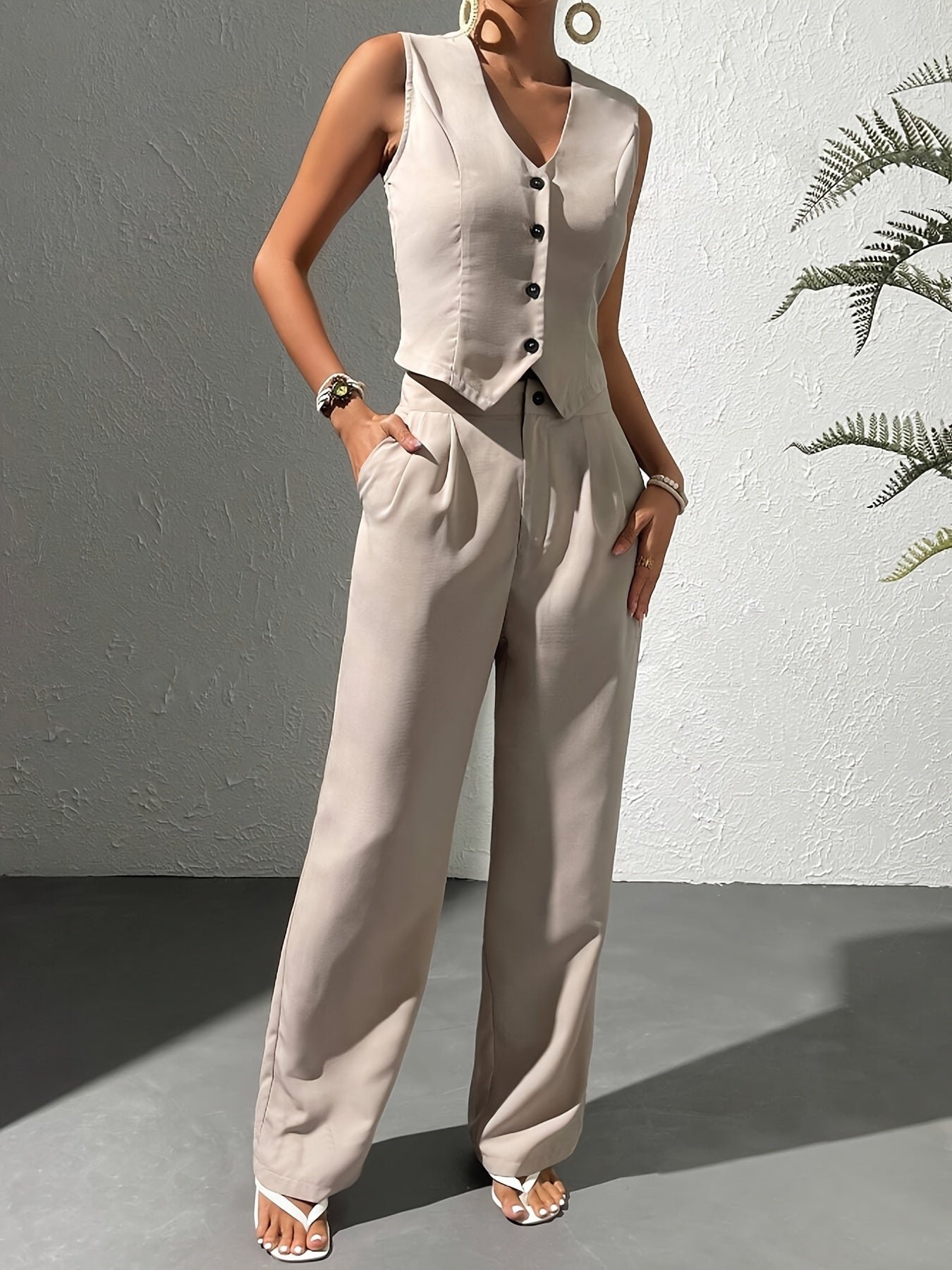 Elegant Solid Color Pants Set, Single Breasted V Neck Vest & Pocket Pants Outfits, Women's Clothing