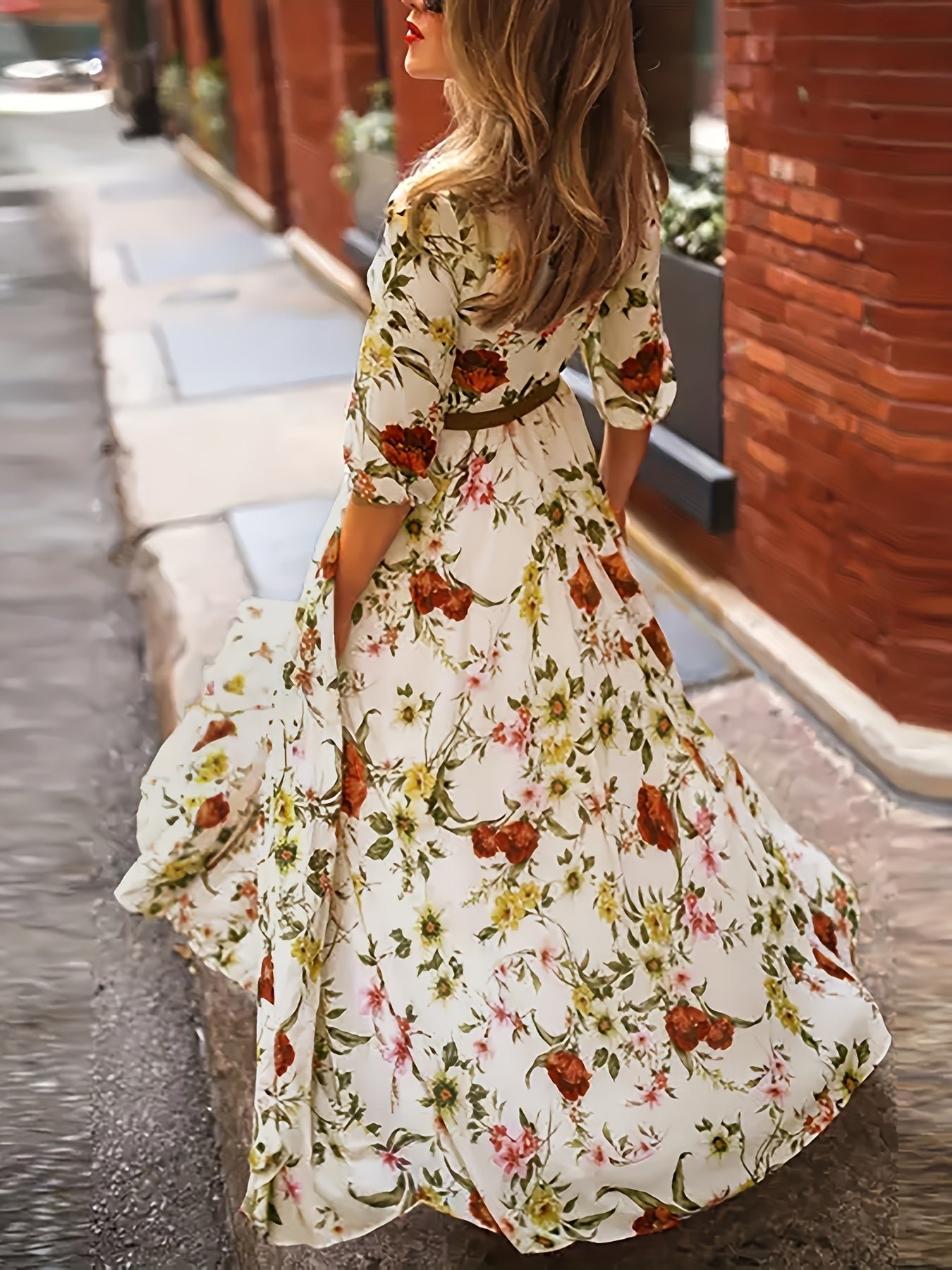 Floral Print A-line Dress, Elegant Crew Neck Half Sleeve Dress For Spring & Summer, Women's Clothing