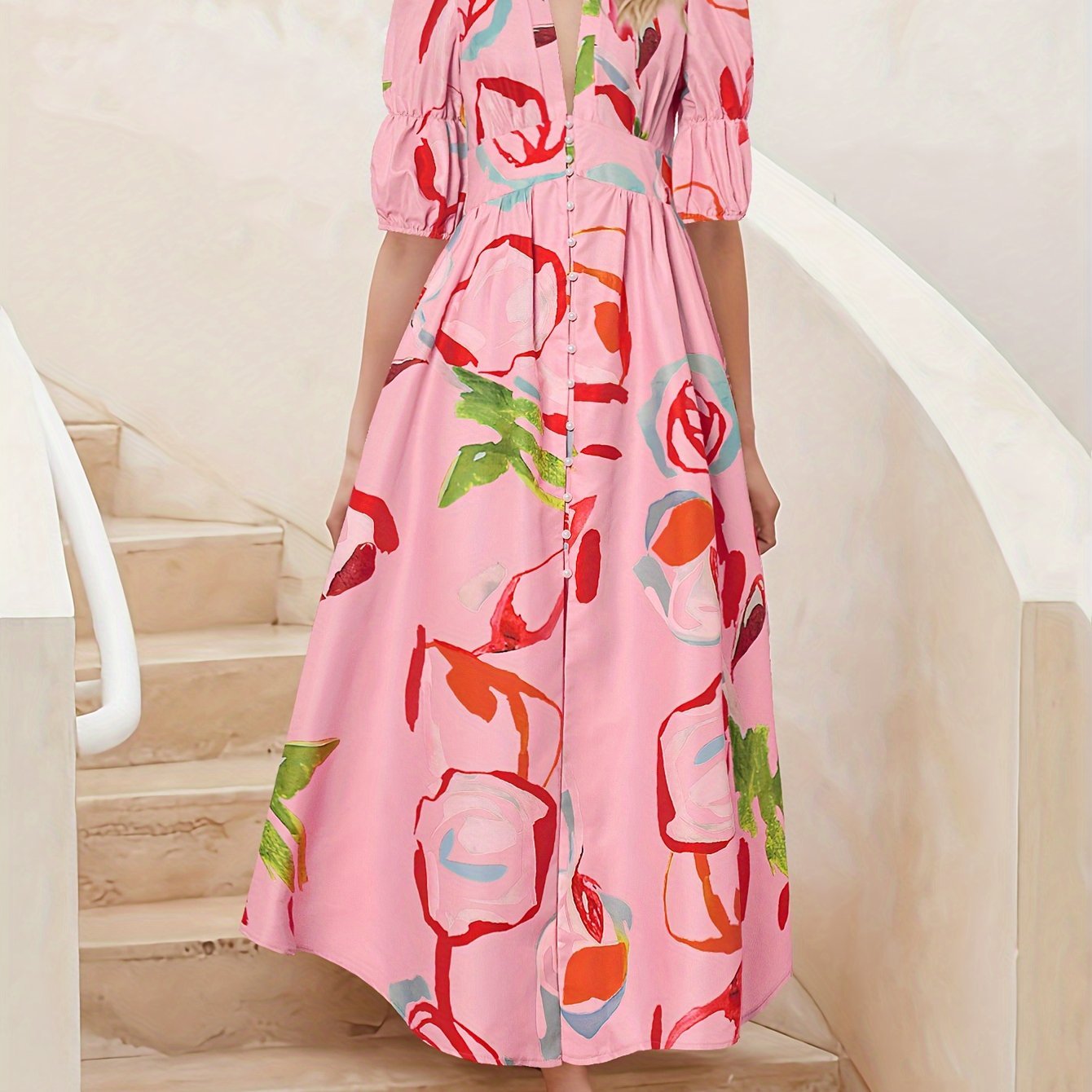 Allover Print V-neck Dress, Elegant Short Sleeve A-line Dress For Spring & Summer, Women's Clothing