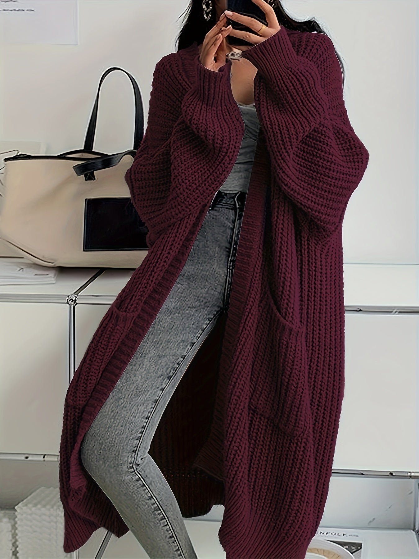 Solid Color Open Front Knitted Cardigan, Casual Long Sleeve Long Length Cardigan For Spring & Fall, Women's Clothing