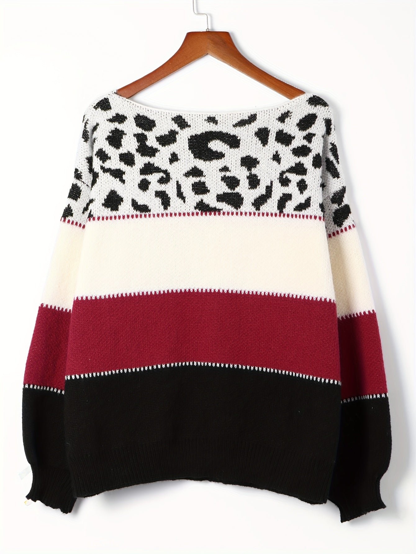 Stylish Color Block Leopard Print Sweater, Crew Neck Long Sleeve Sweater, Casual Tops For Fall & Winter, Women's Clothing