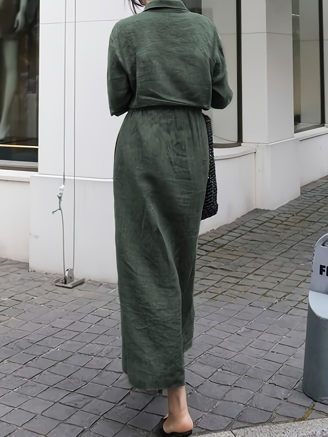 Button Front Tie Waist Dress, Elegant Solid Color Pocket Collared Dress For Spring & Fall, Women's Clothing