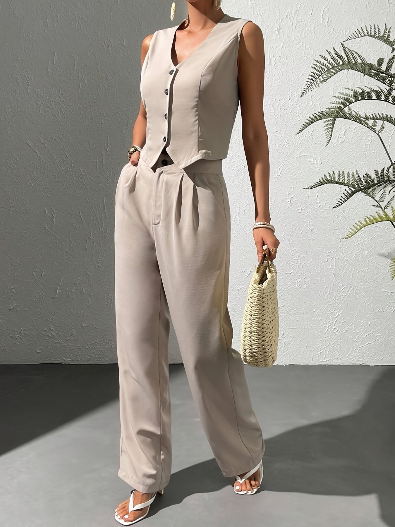 Elegant Solid Color Pants Set, Single Breasted V Neck Vest & Pocket Pants Outfits, Women's Clothing