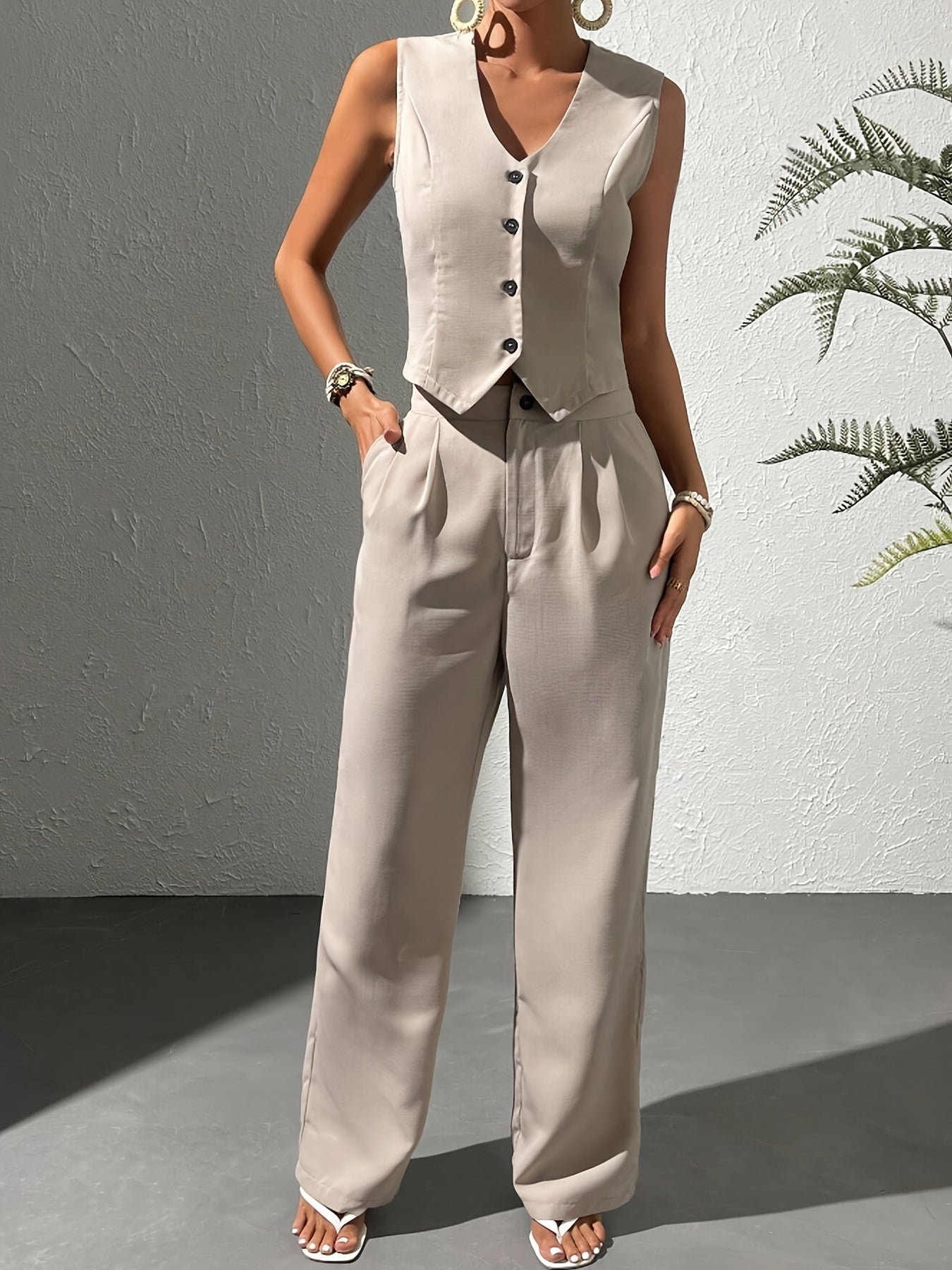 Elegant Solid Color Pants Set, Single Breasted V Neck Vest & Pocket Pants Outfits, Women's Clothing