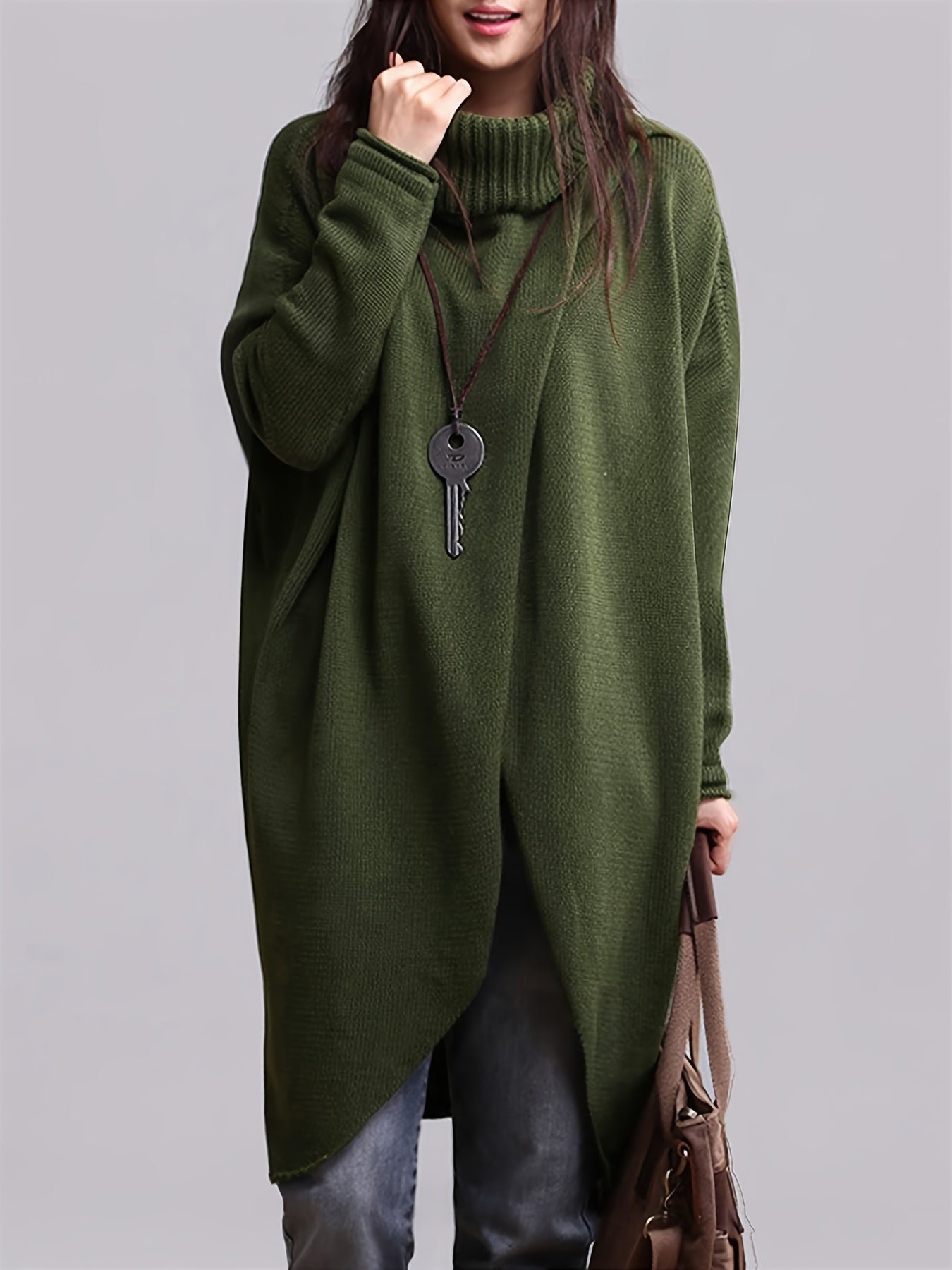 Solid Color Turtle Neck Sweater, Casual Long Sleeve Asymmetric Hem Long Length Sweater For Fall & Winter, Women's Clothing