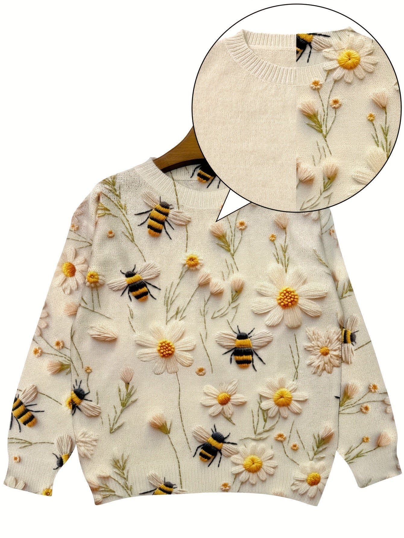 Flower & Bee Pattern Sweater, Versatile Crew Neck Long Sleeve Sweater For Spring & Fall, Women's Clothing