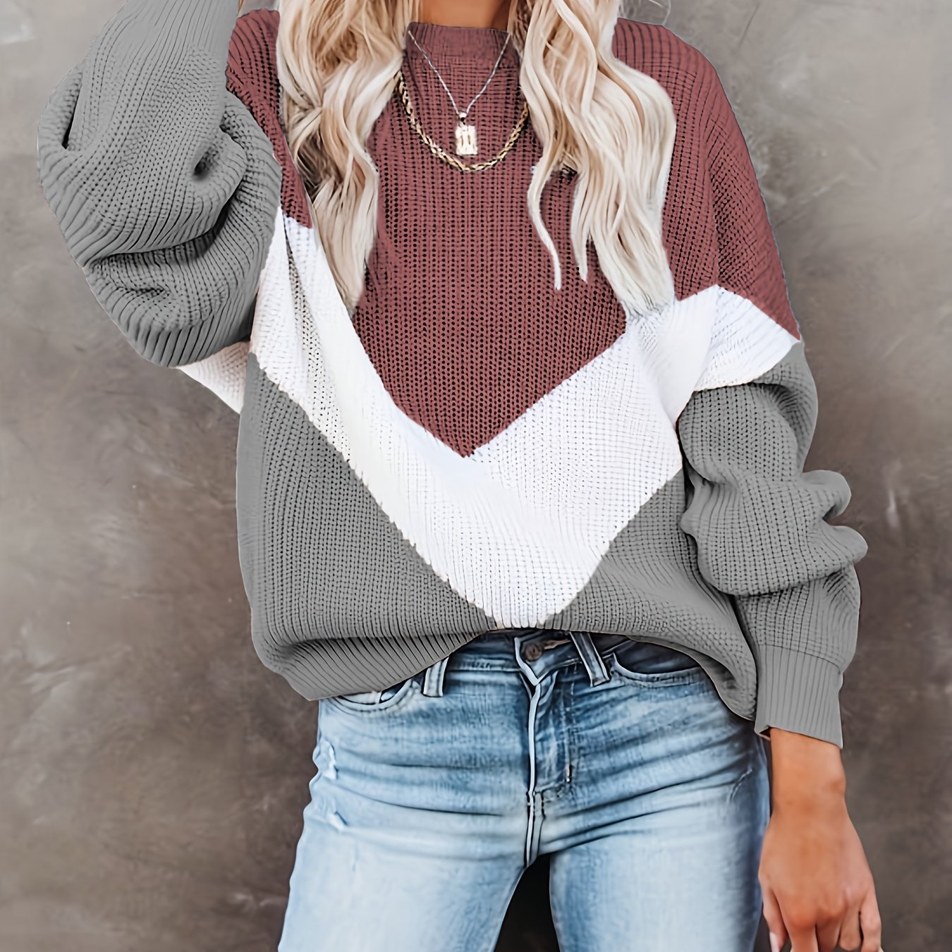 f37747b2decb5a70e8cfb38fcbf6c6ee Color Block Crew Neck Pullover Sweater, Casual Long Sleeve Sweater For Fall & Winter, Women's Clothing