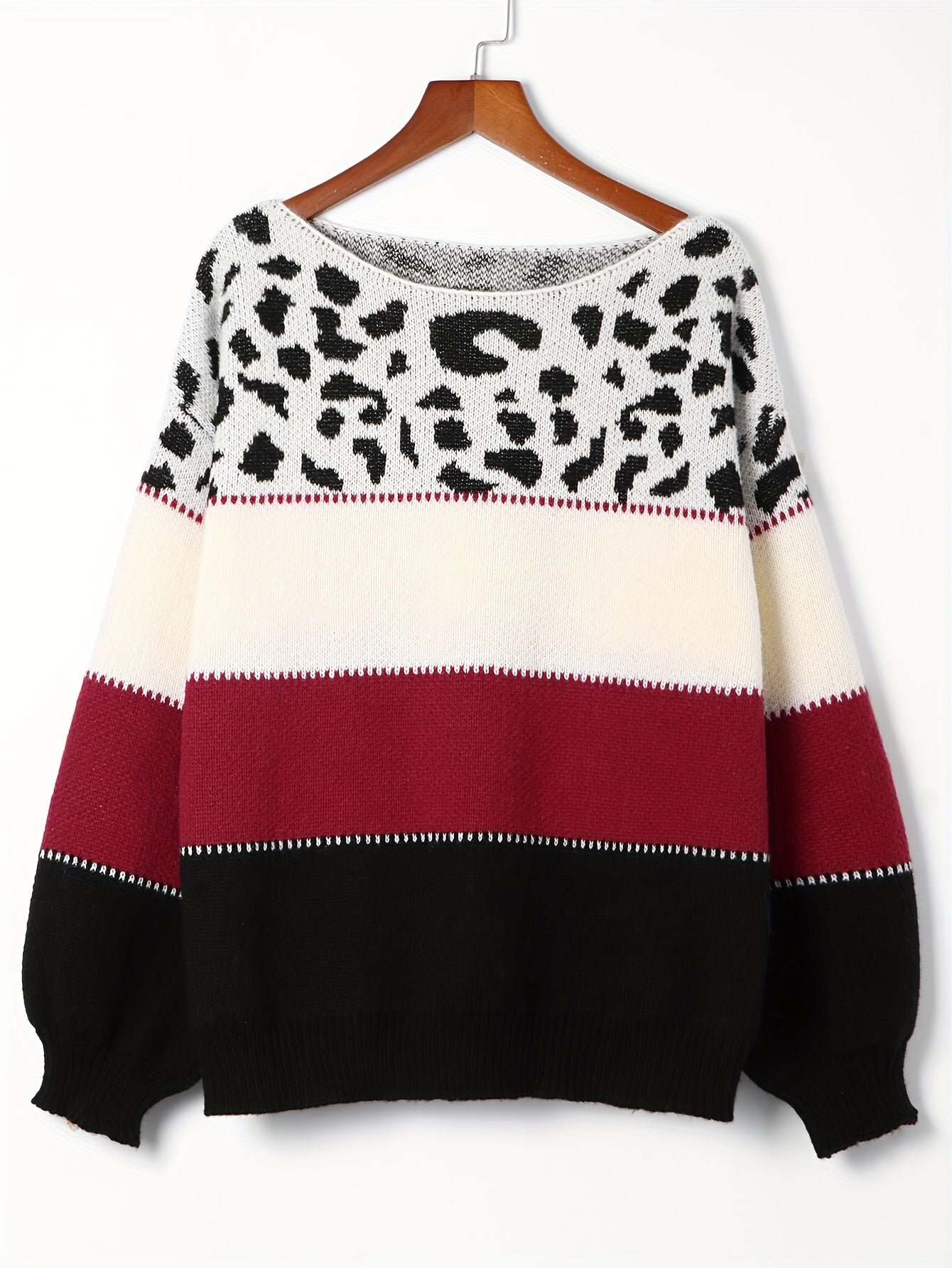 Stylish Color Block Leopard Print Sweater, Crew Neck Long Sleeve Sweater, Casual Tops For Fall & Winter, Women's Clothing