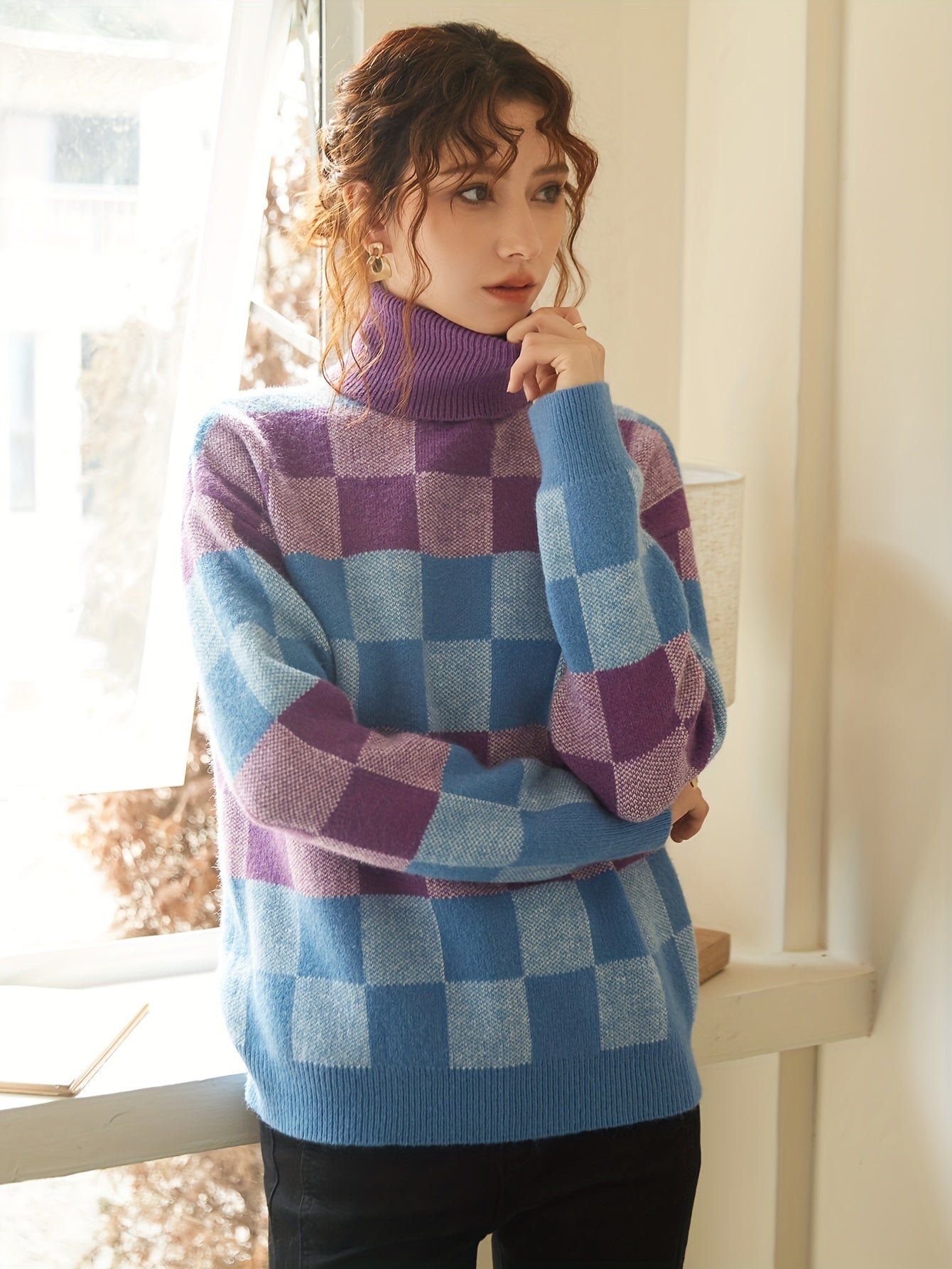 Geo Pattern Turtleneck Knitted Pullover Sweater, Casual Long Sleeve Top For Fall & Winter, Women's Clothing