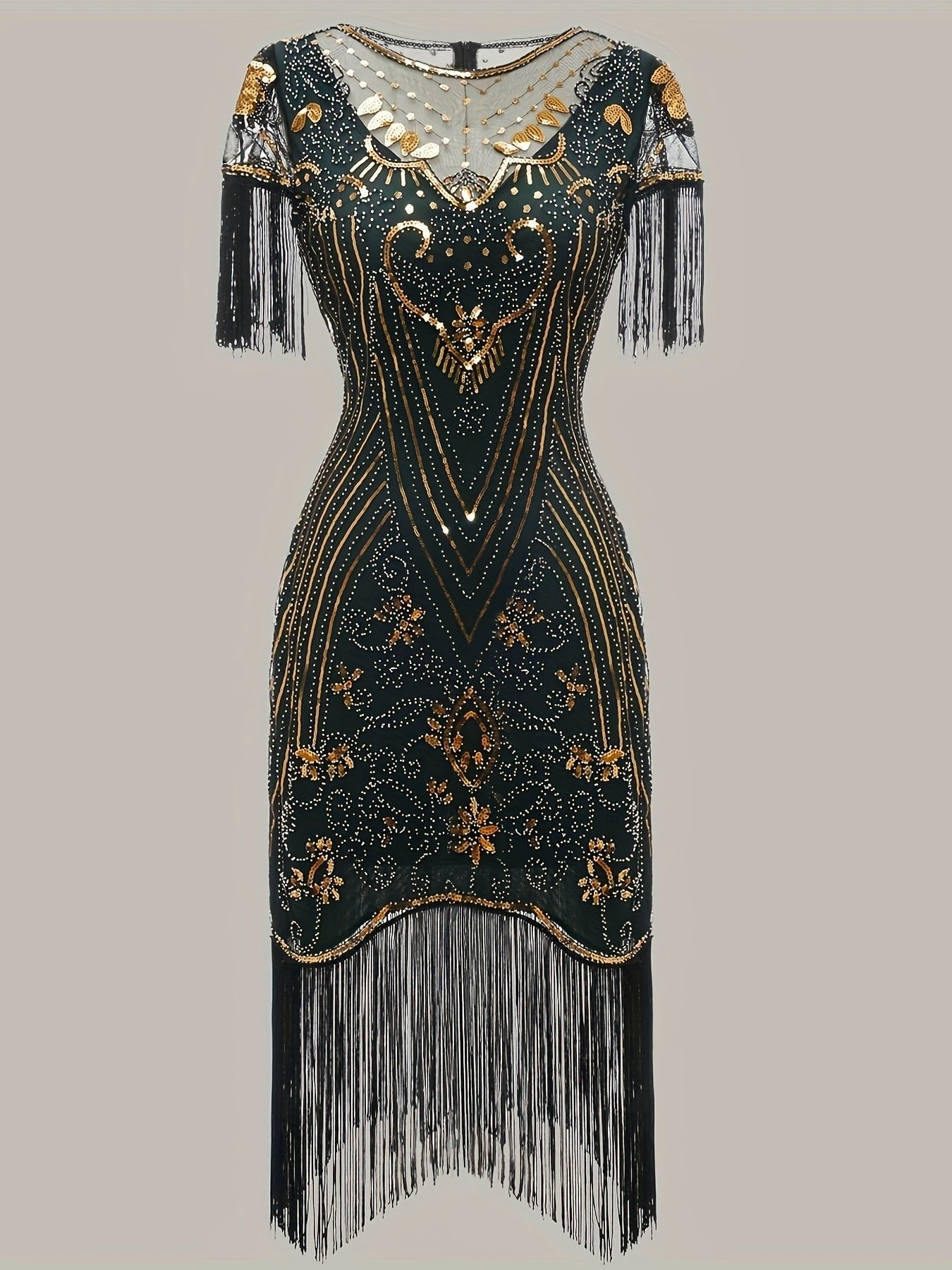 Tassel Sequined V Neck Dress, Elegant Crew Neck Short Sleeve Dress For Party & Banquet, Women's Clothing