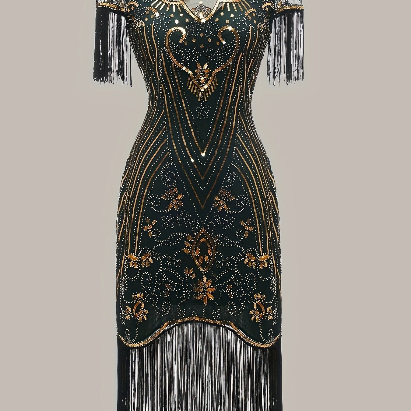 Tassel Sequined V Neck Dress, Elegant Crew Neck Short Sleeve Dress For Party & Banquet, Women's Clothing