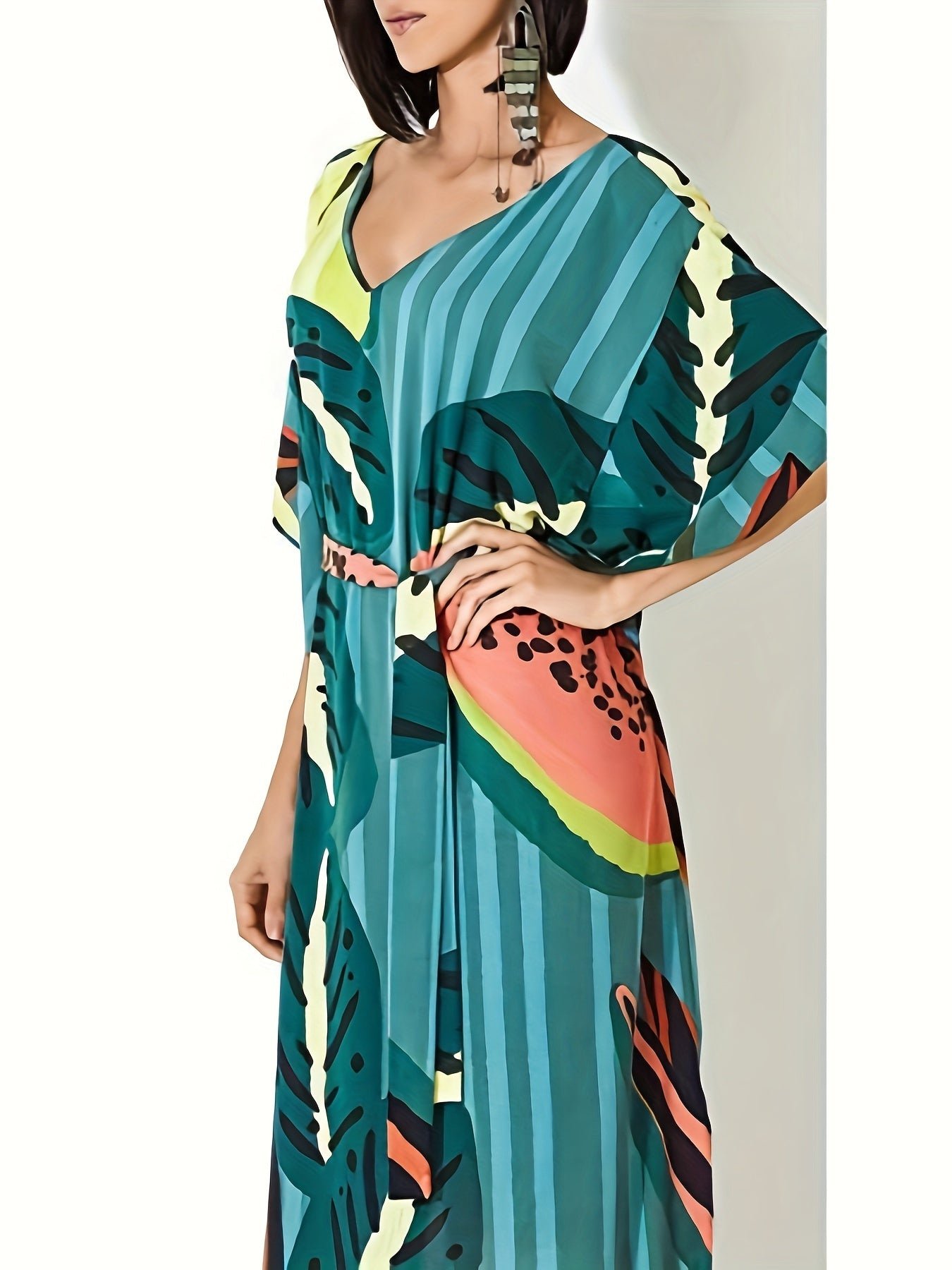 Floral Print V Neck Maxi Dress, Vacation Batwing Sleeve Belted Beach Dress, Women's Clothing