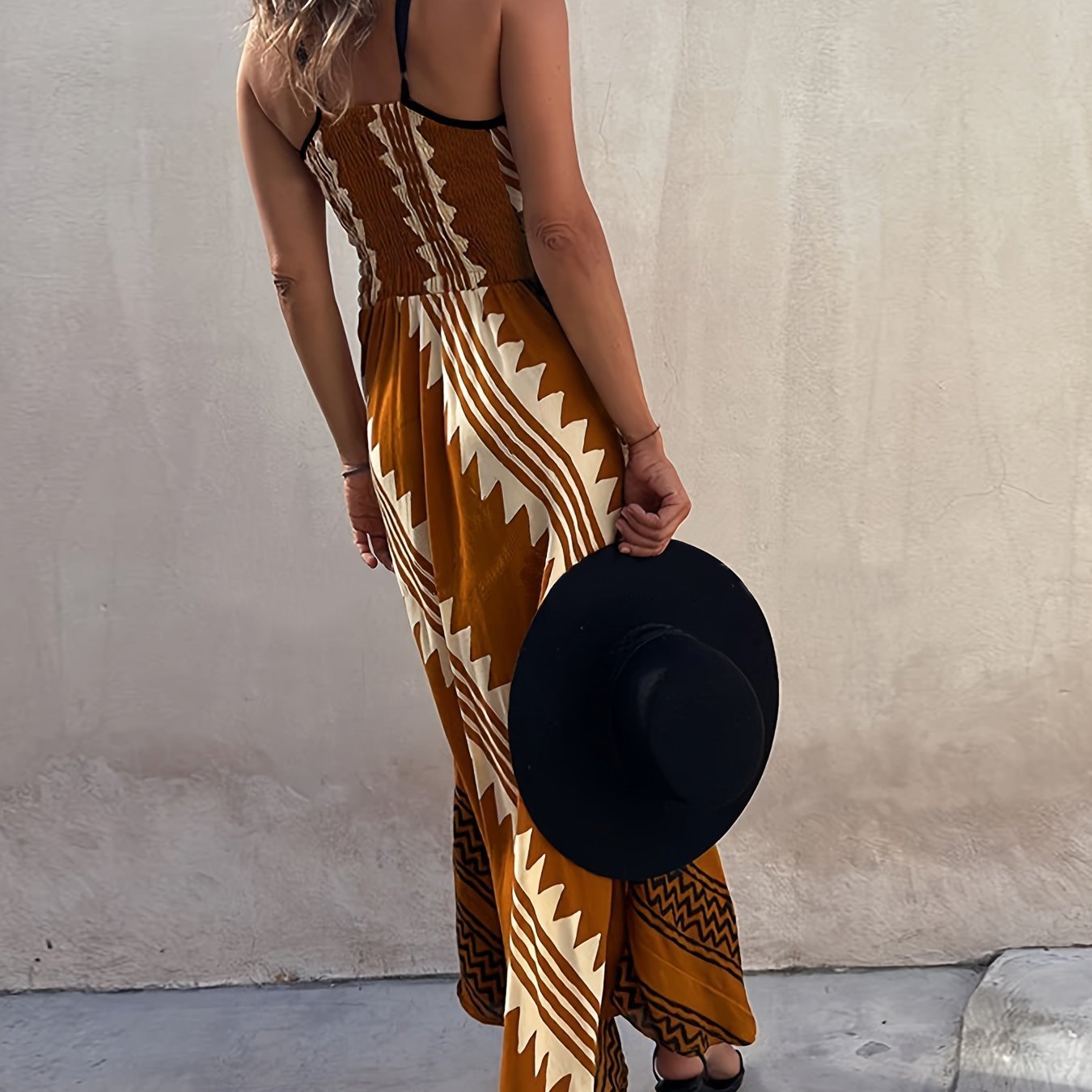 Ethnic Print Two Tone Cami Dress, Elegant V Neck Sleeveless Ankle Length Cami Dress For Spring & Summer, Women's Clothing